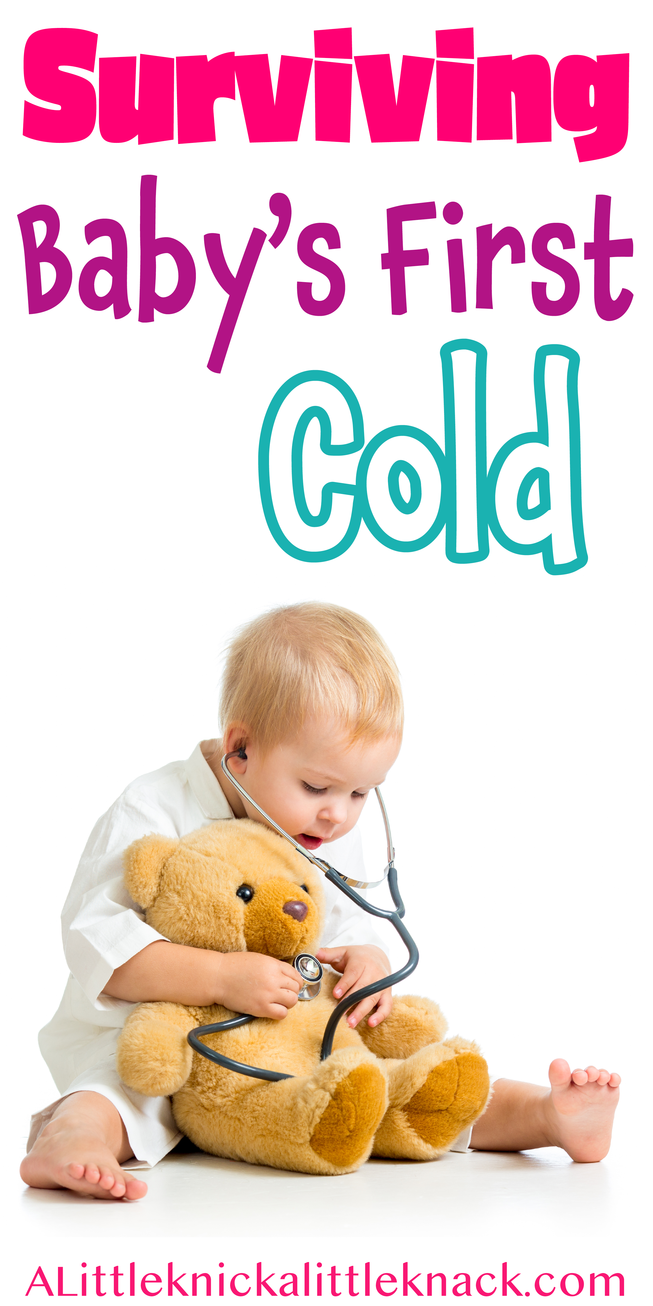 Baby wearing a doctor's coat playing with a stethoscope and a teddy bear with a text overlay