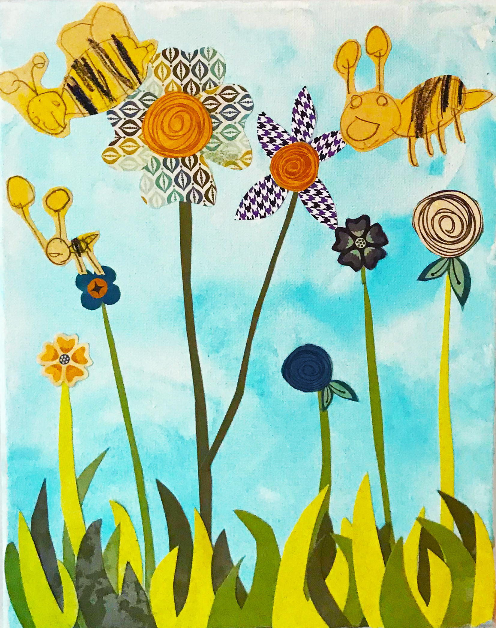 Hand drawn bees and paper flowers on a blue canvas. 