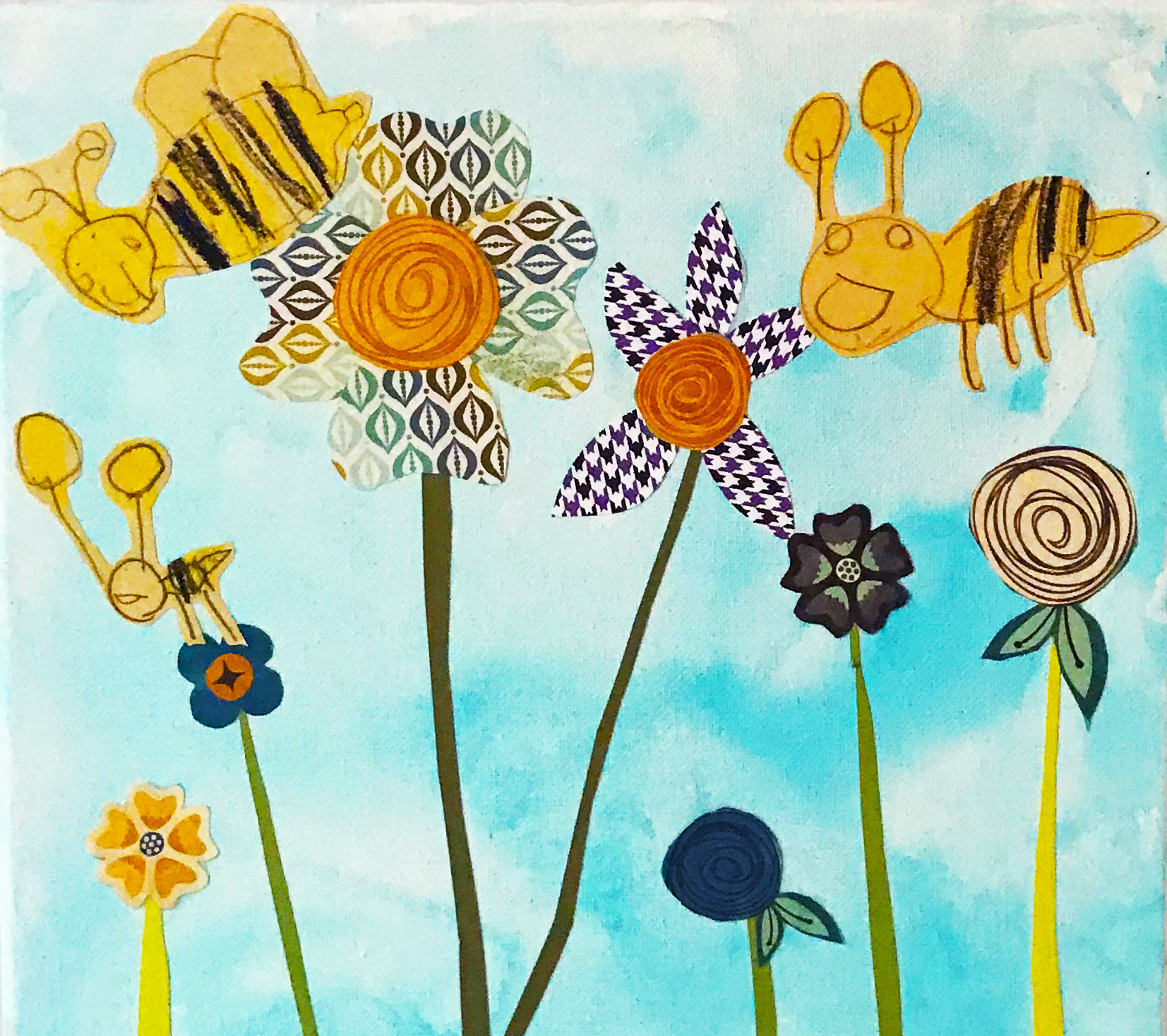 Let your child’s imagination run wild with these scrapbook paper flowers and construction paper bees! #familyfun