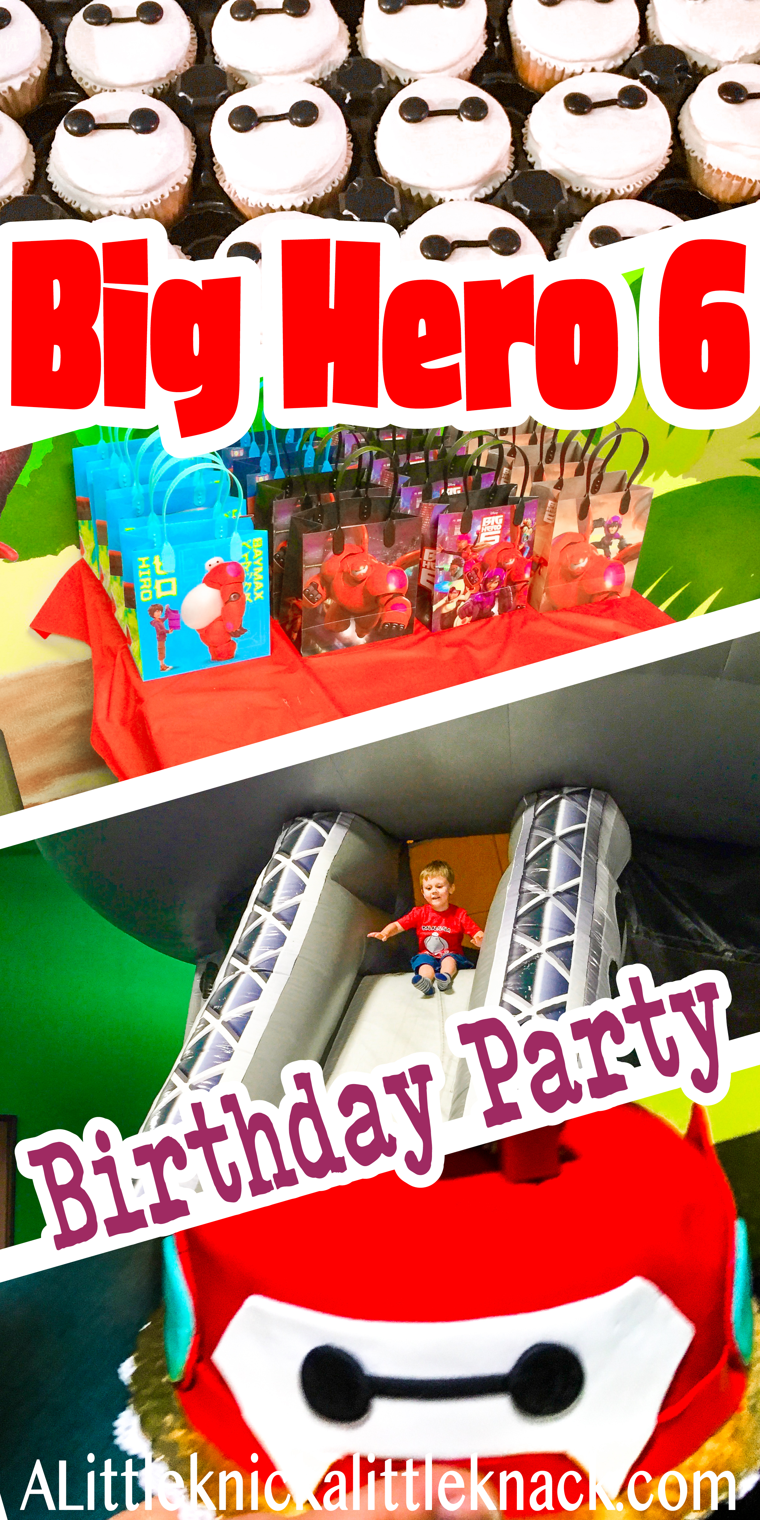 Collage of pictures from a Big Hero 6 birthday party with text overlay.