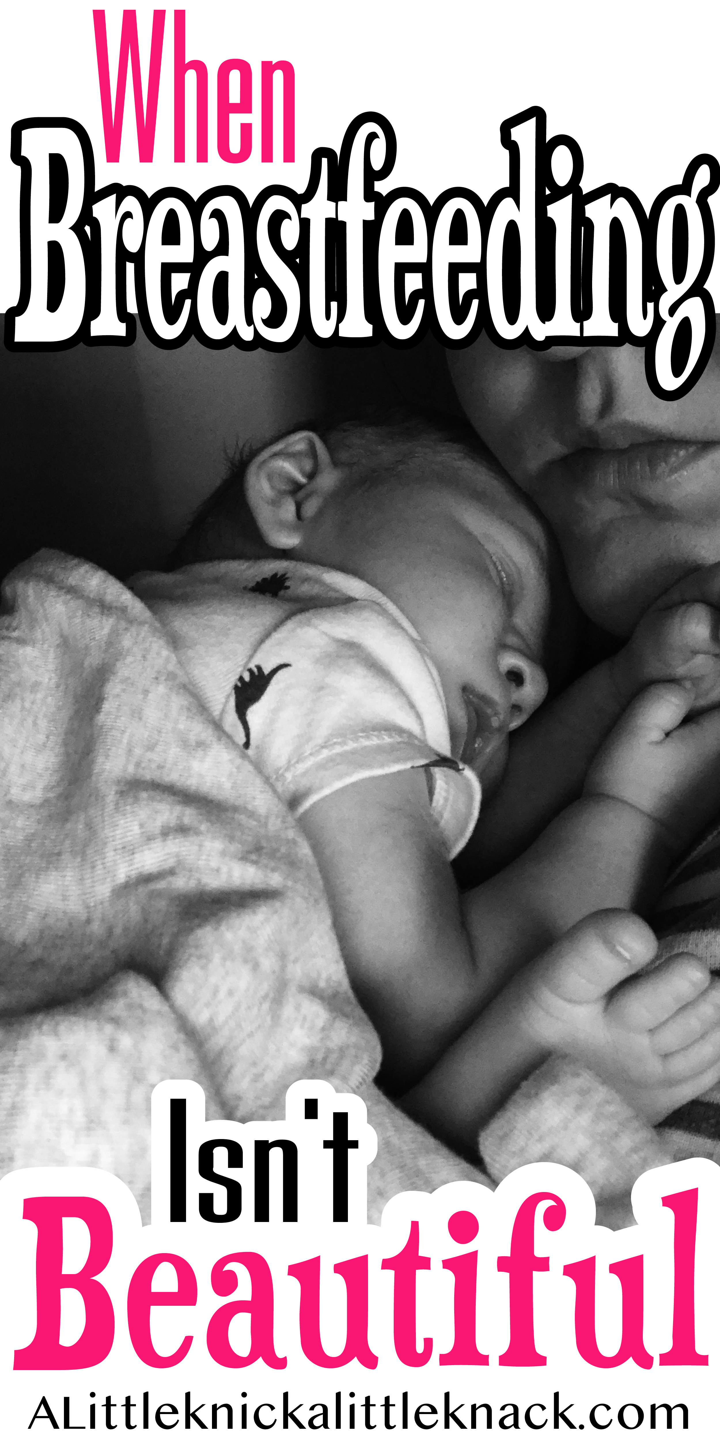 A black and white photo of a mother cradling a sleeping baby with a text overlay