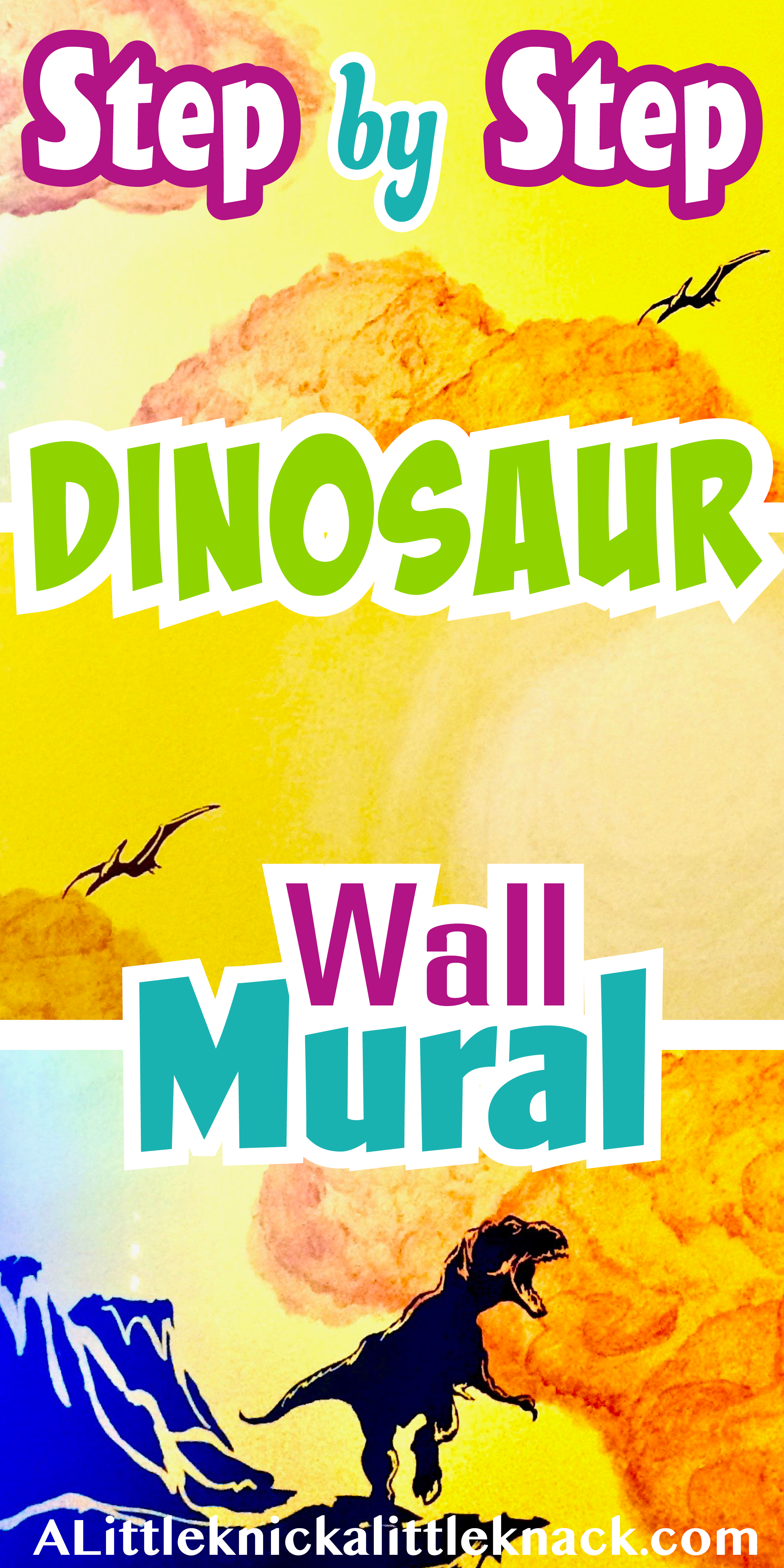 A collage of A yellow mural with orange clouds, a pale yellow sun, and black vinyl dinosaurs and a text overlay 