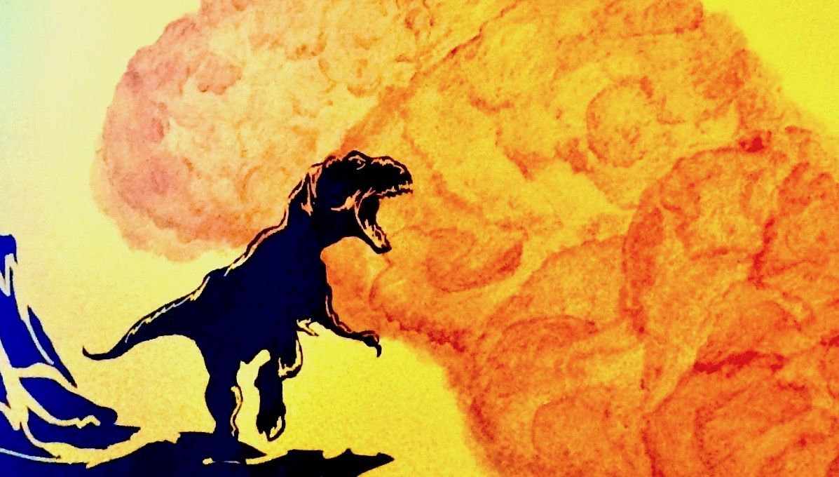 A yellow mural with orange clouds, a pale yellow sun, and black vinyl T-rex