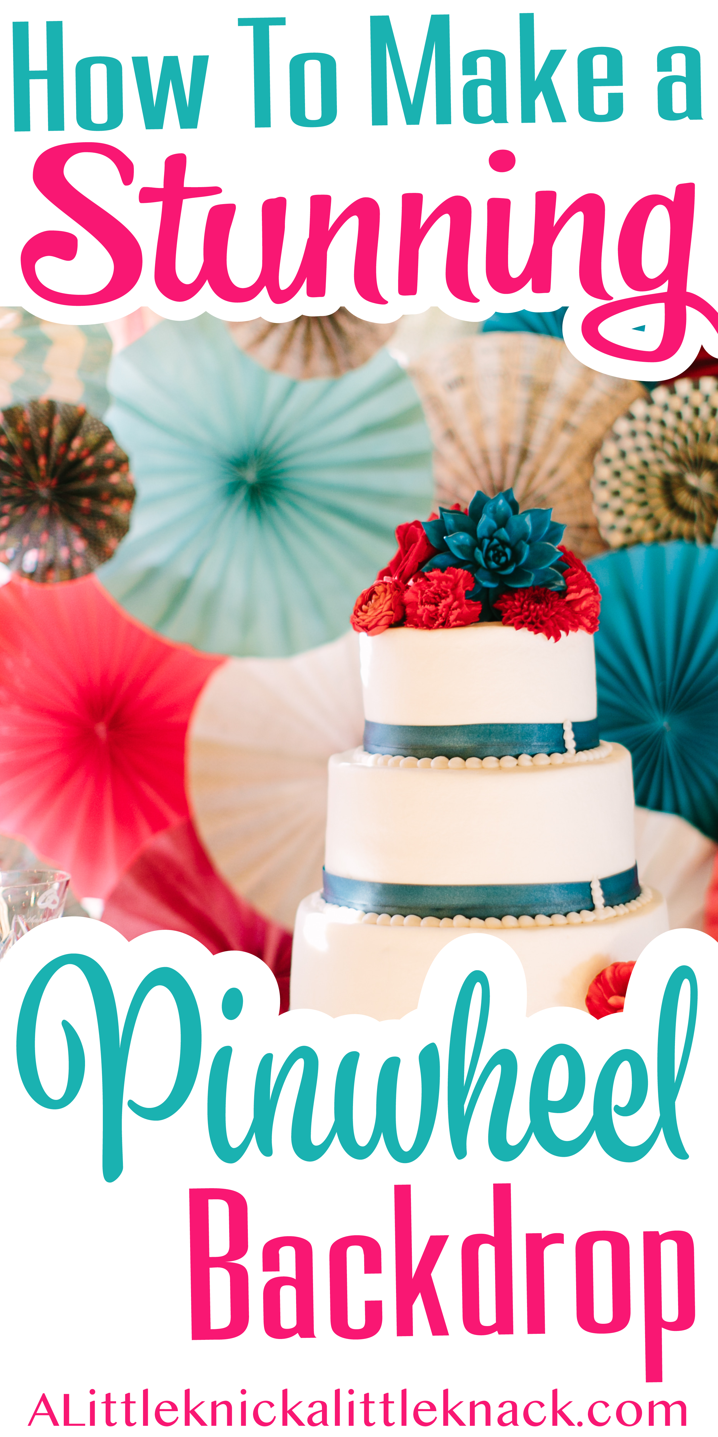 A wedding cake in front of a colorful paper pinwheel backdrop with a text overlay