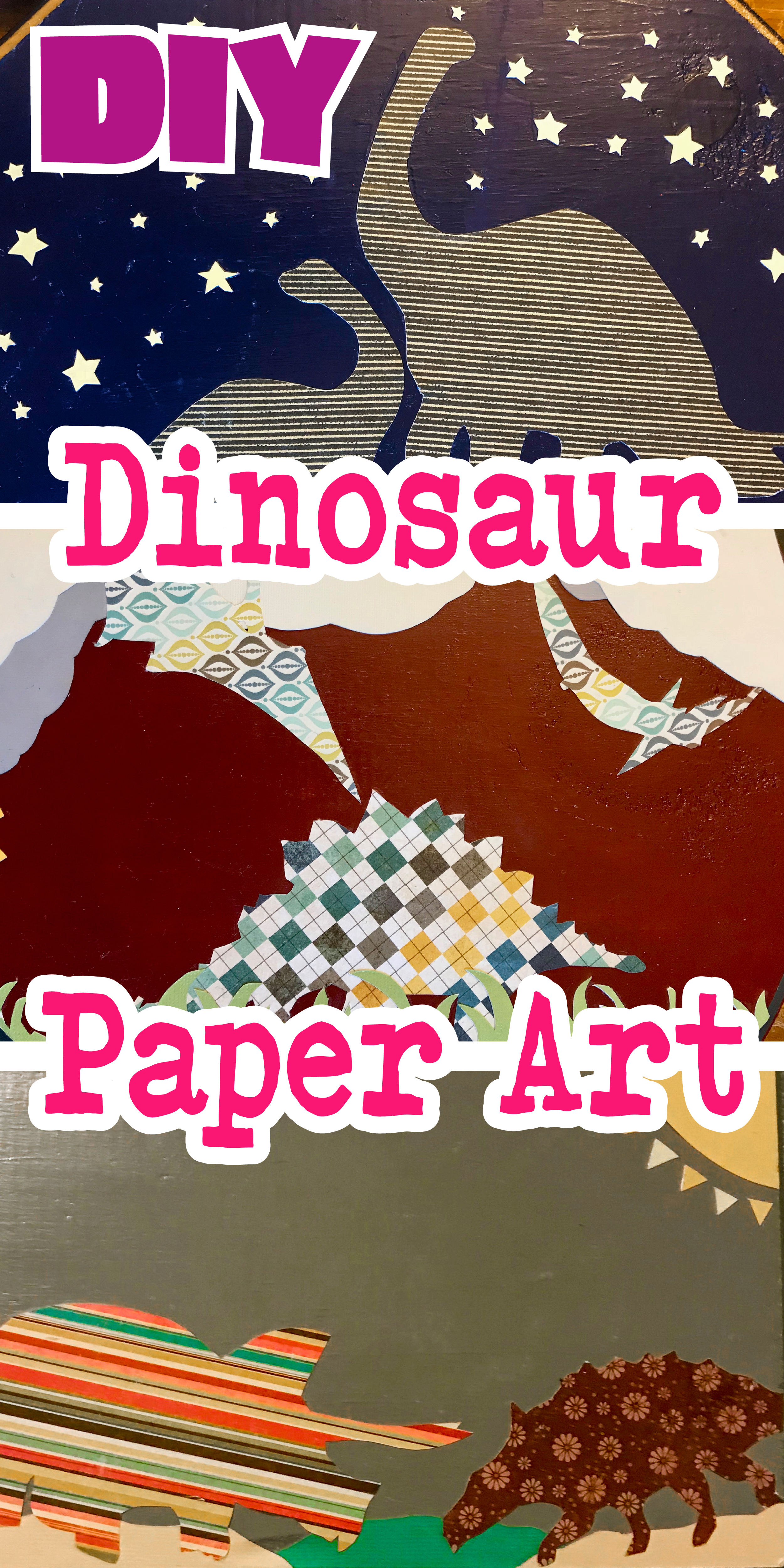 Collage of different scrapbook paper wall art dinosaur designs with text overlay. 