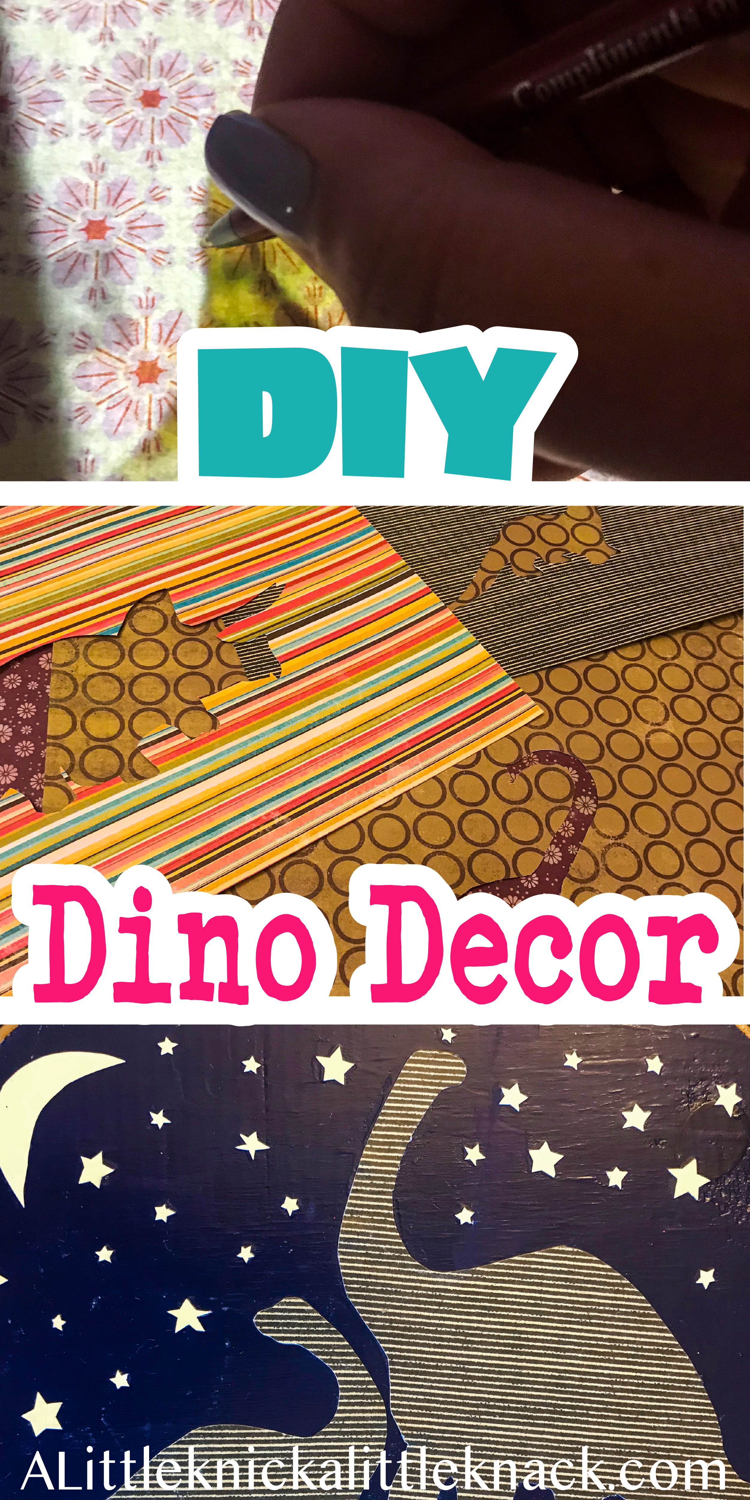 Pictures of the process to create the dino wall art with a text overlay. 