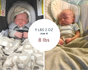 Side by side comparison of baby losing weight and a text overlay 