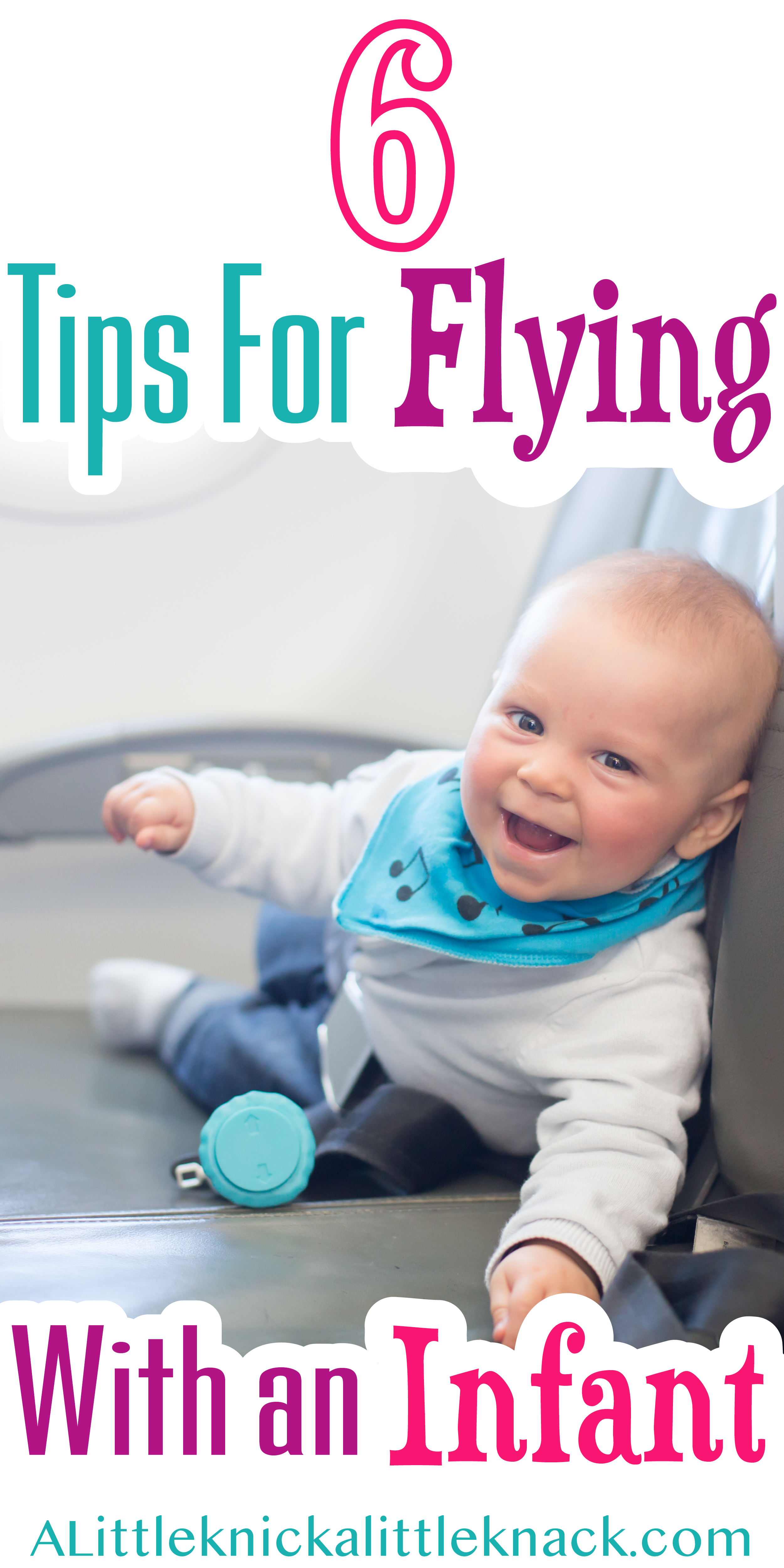 A smiling baby in an airplane seat with a text overlay