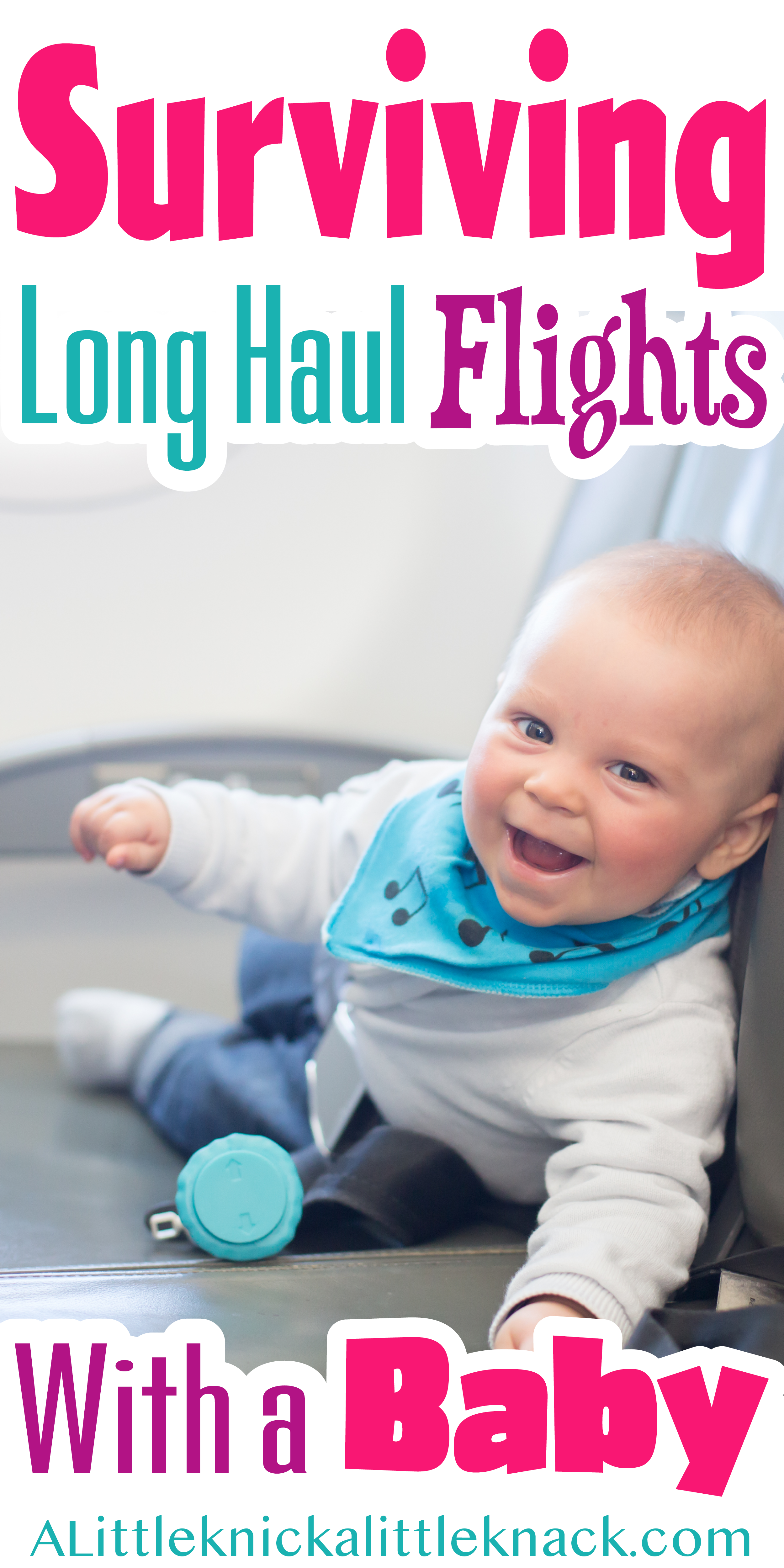 A smiling baby in an airplane seat with a text overlay