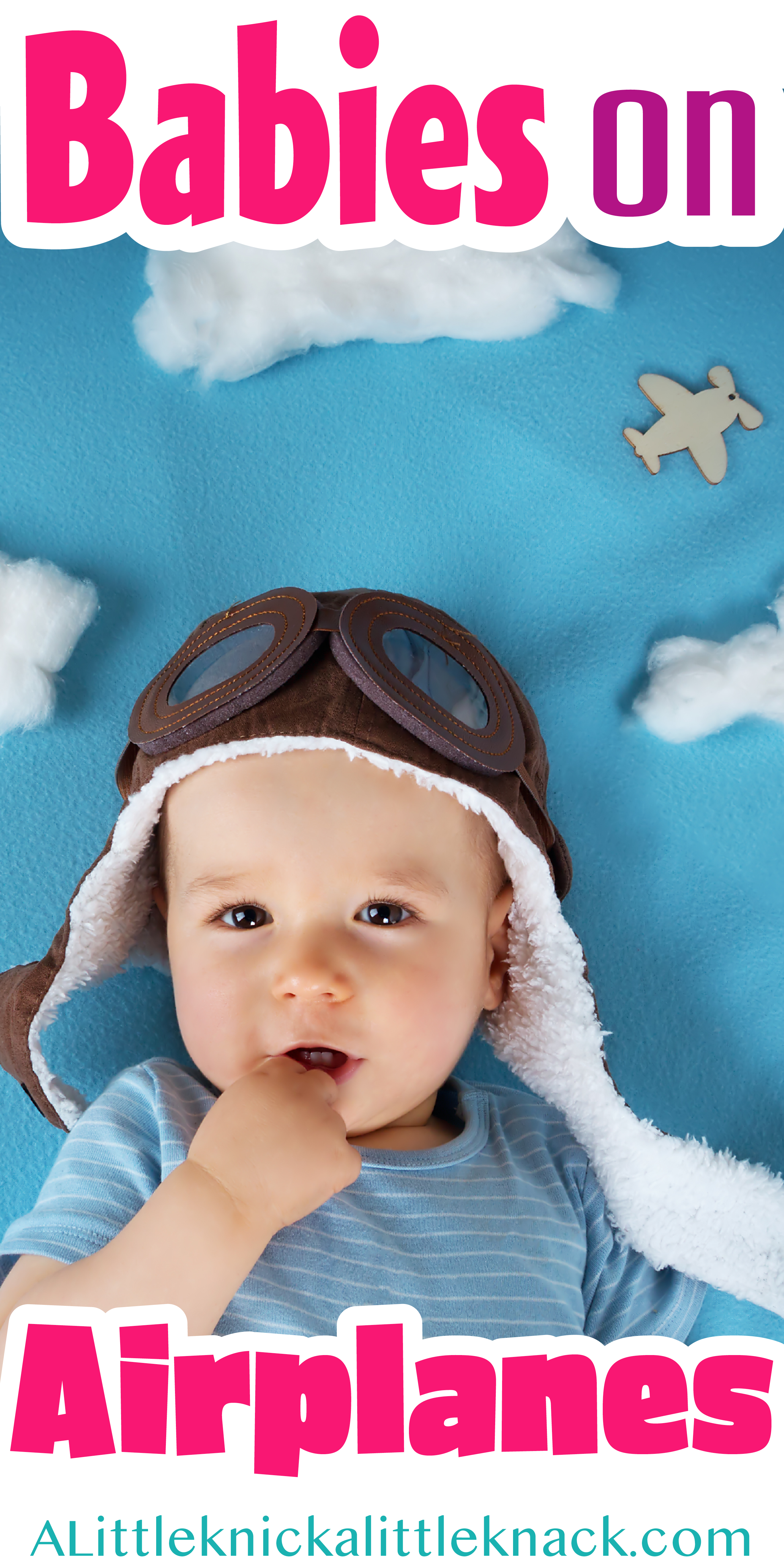 A baby wearing a pilot's hat against a blue "cartoon" sky with a text overlay