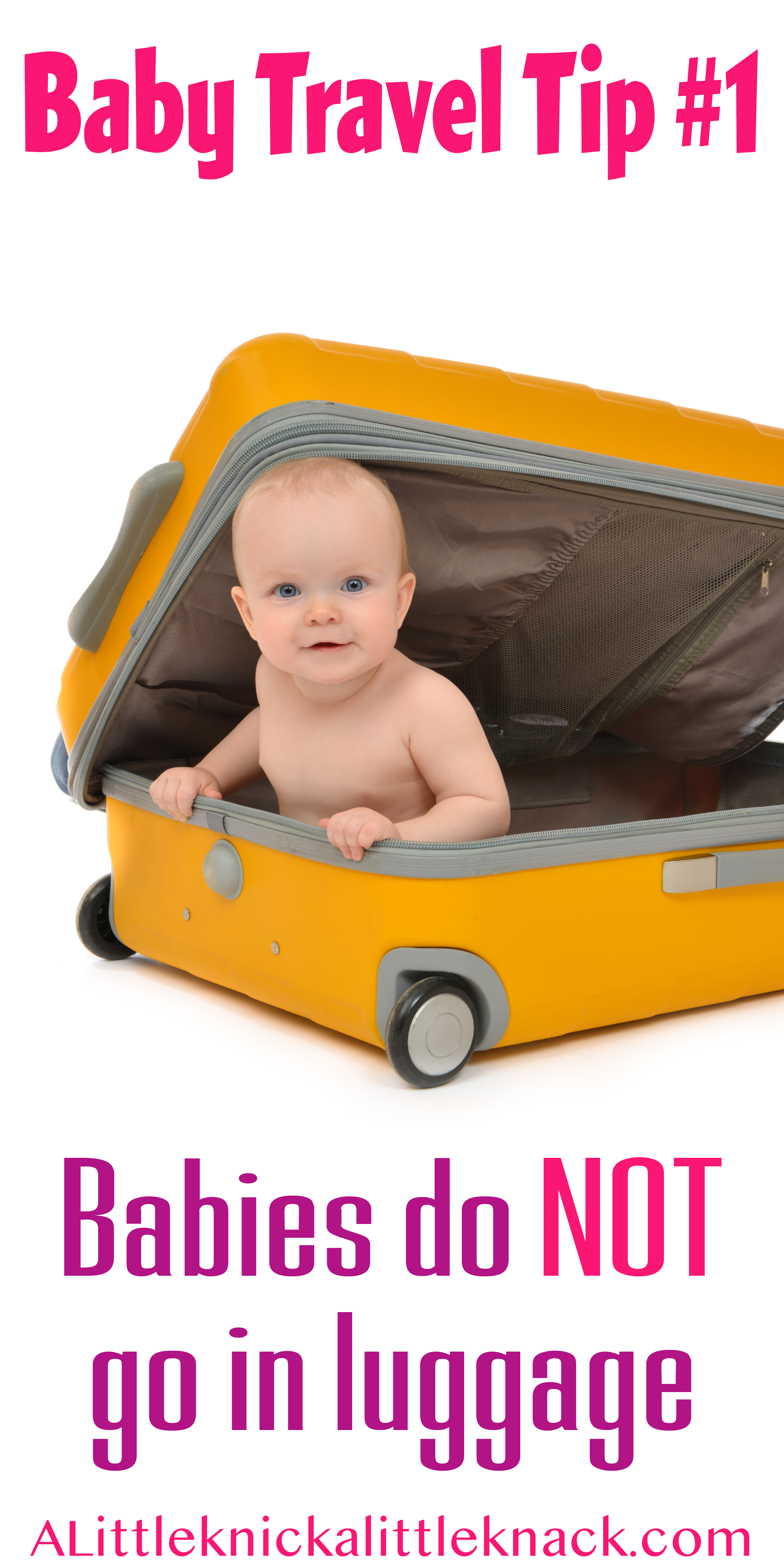 A baby in a yellow suitcase with a text overlay