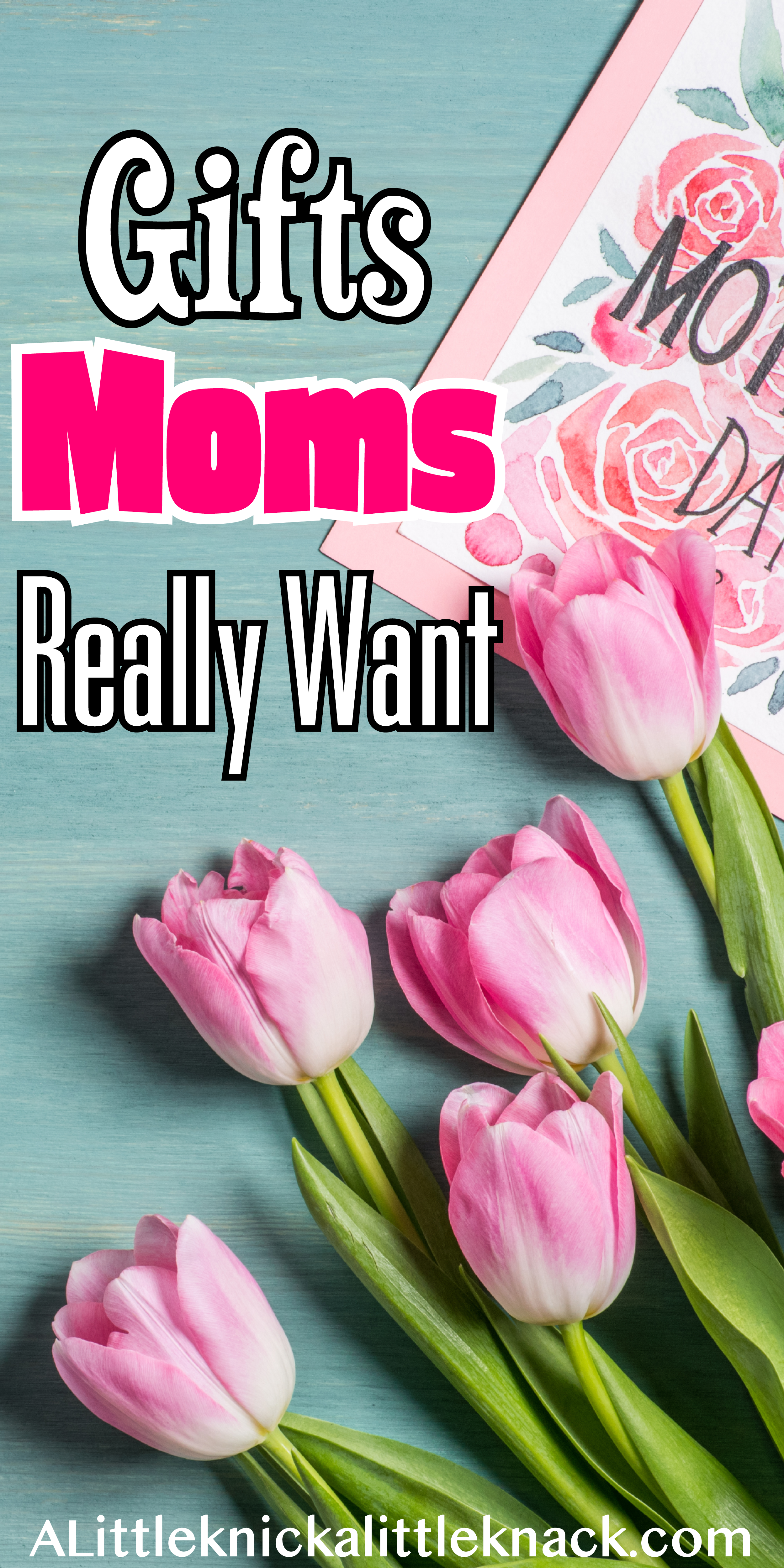 Pink tulips and a mother's day card on a teal background with text overlay. 