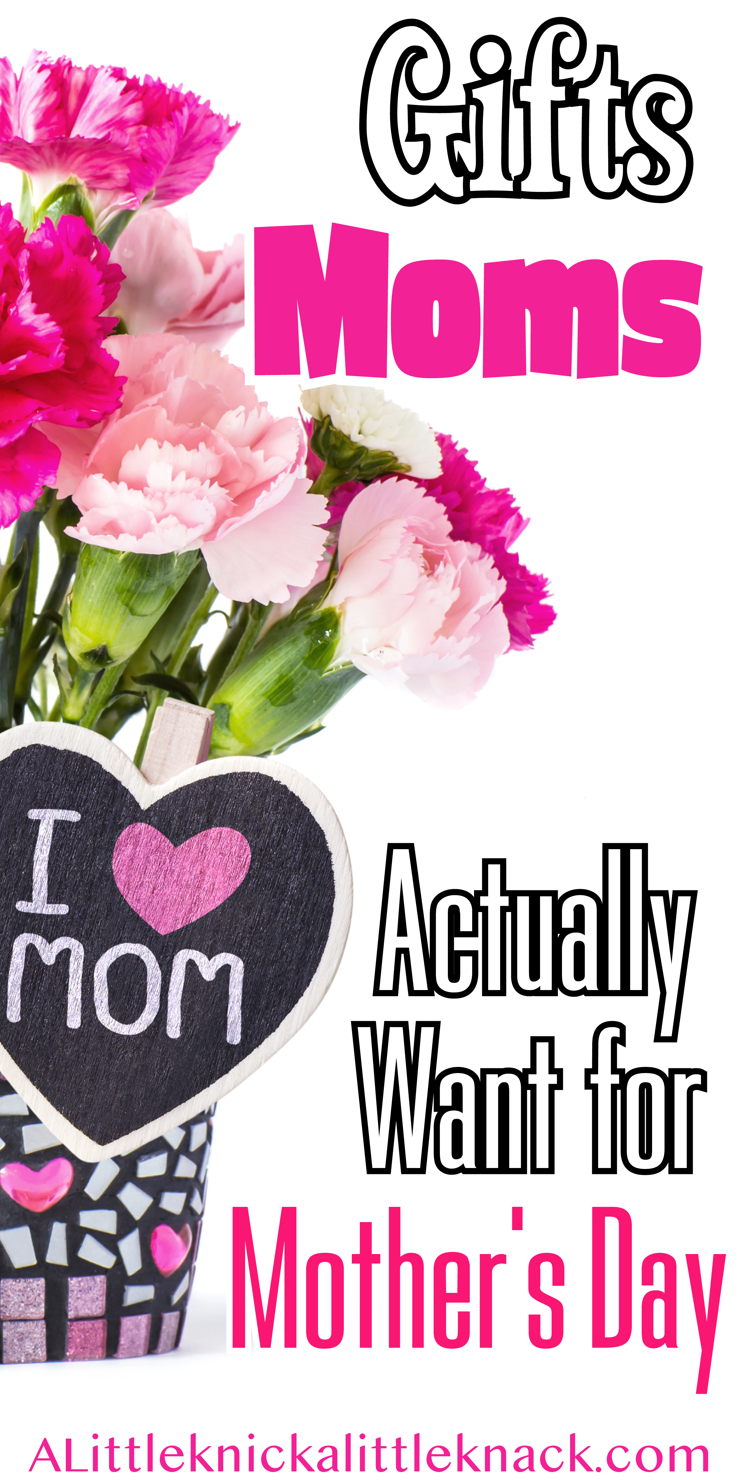 Pink carnations in a I love mom mosaic flower pot with a text overlay 