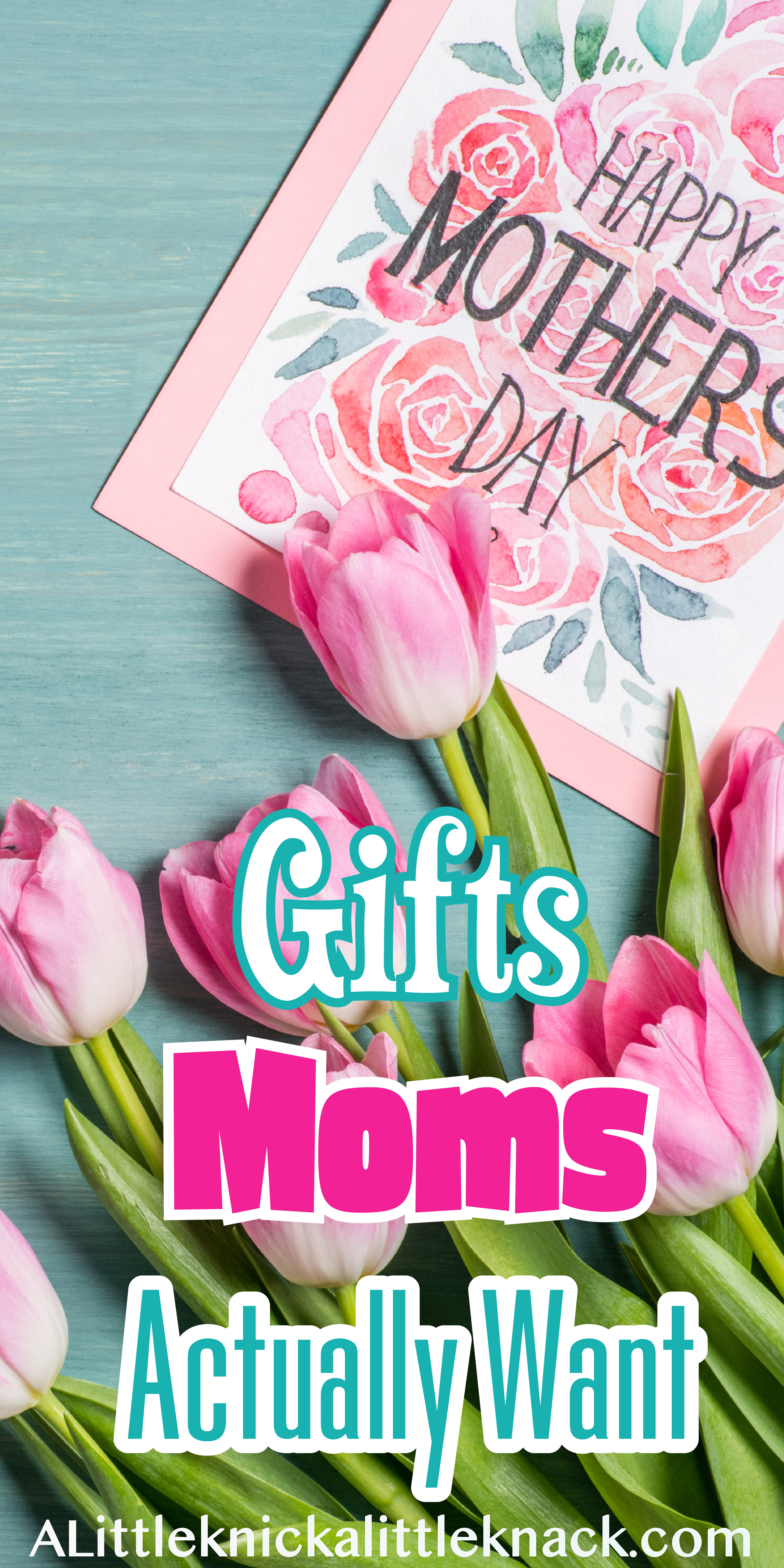Pink tulips and a Happy mother's day card on a teal background with text overlay. 