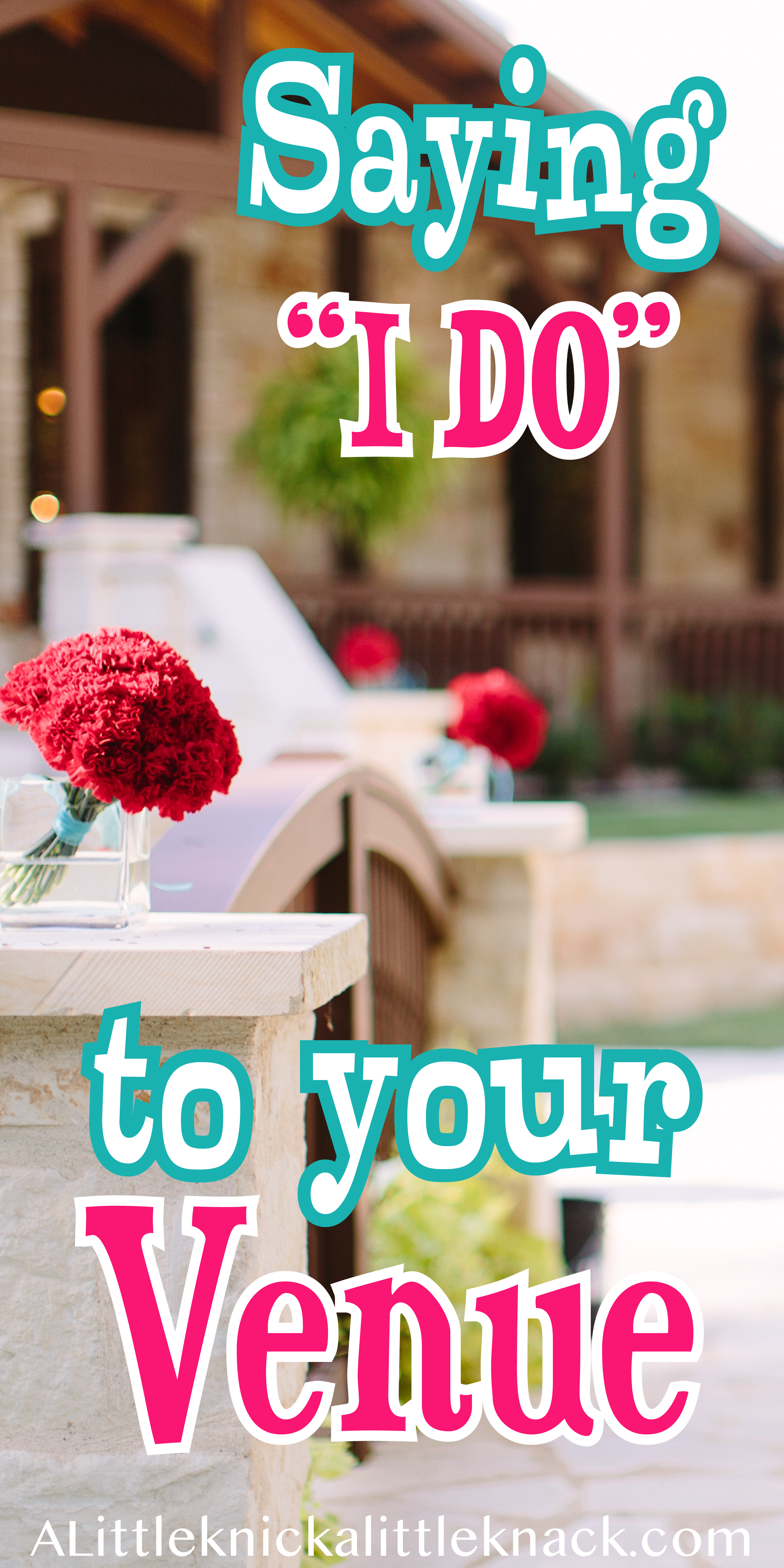 A white stone and wood wedding venue with red floral decor and a text overlay