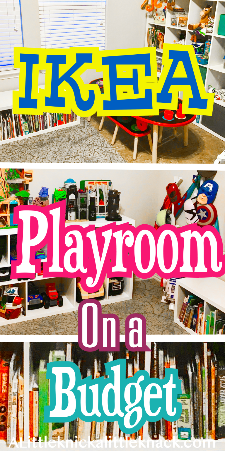Collage of an Ikea toy storage and Ikea bookshelves with text overlay