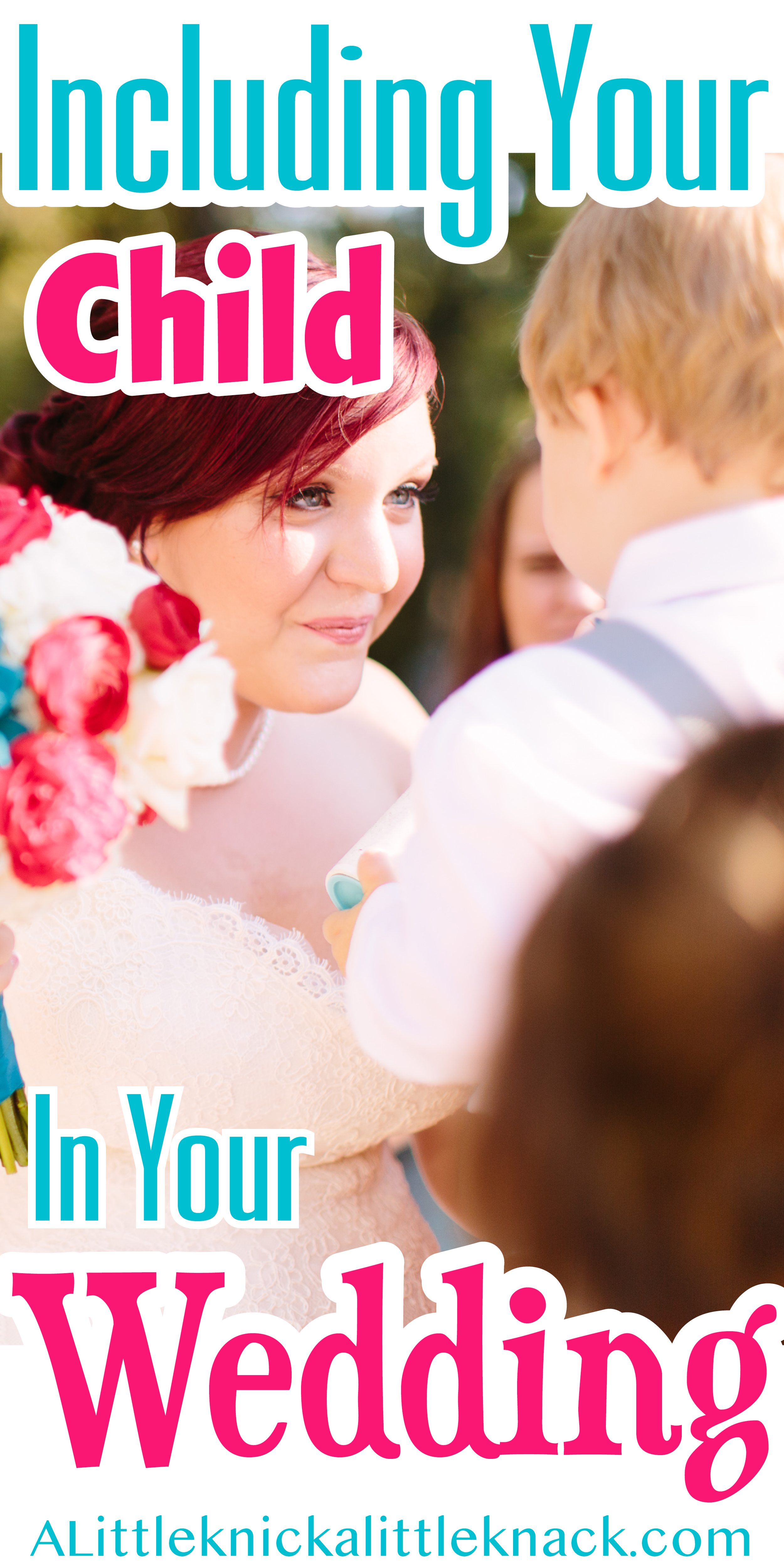 A bride folding a bouquet smiles at her young child with a text overlay