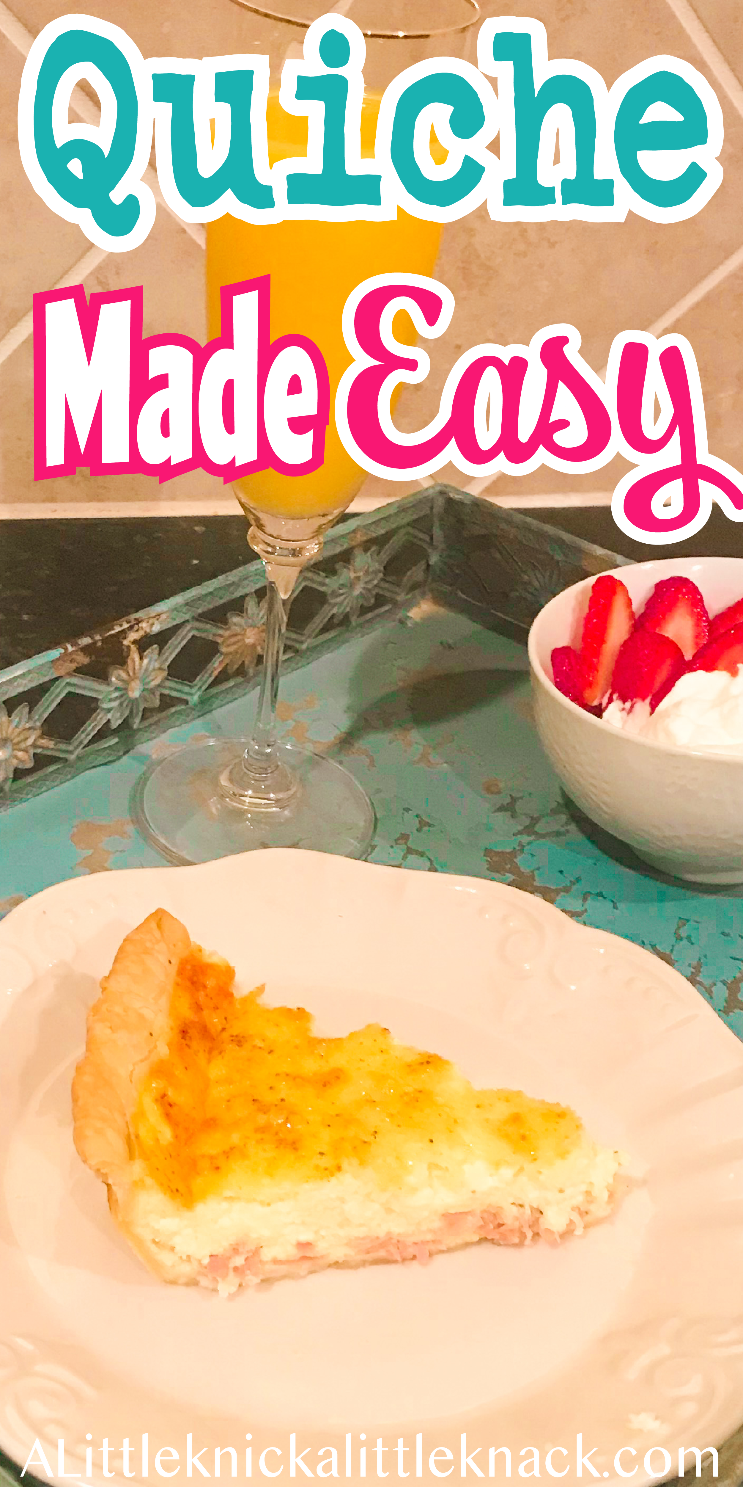 A slice of quiche on a teal tray along with strawberries and orange juice.