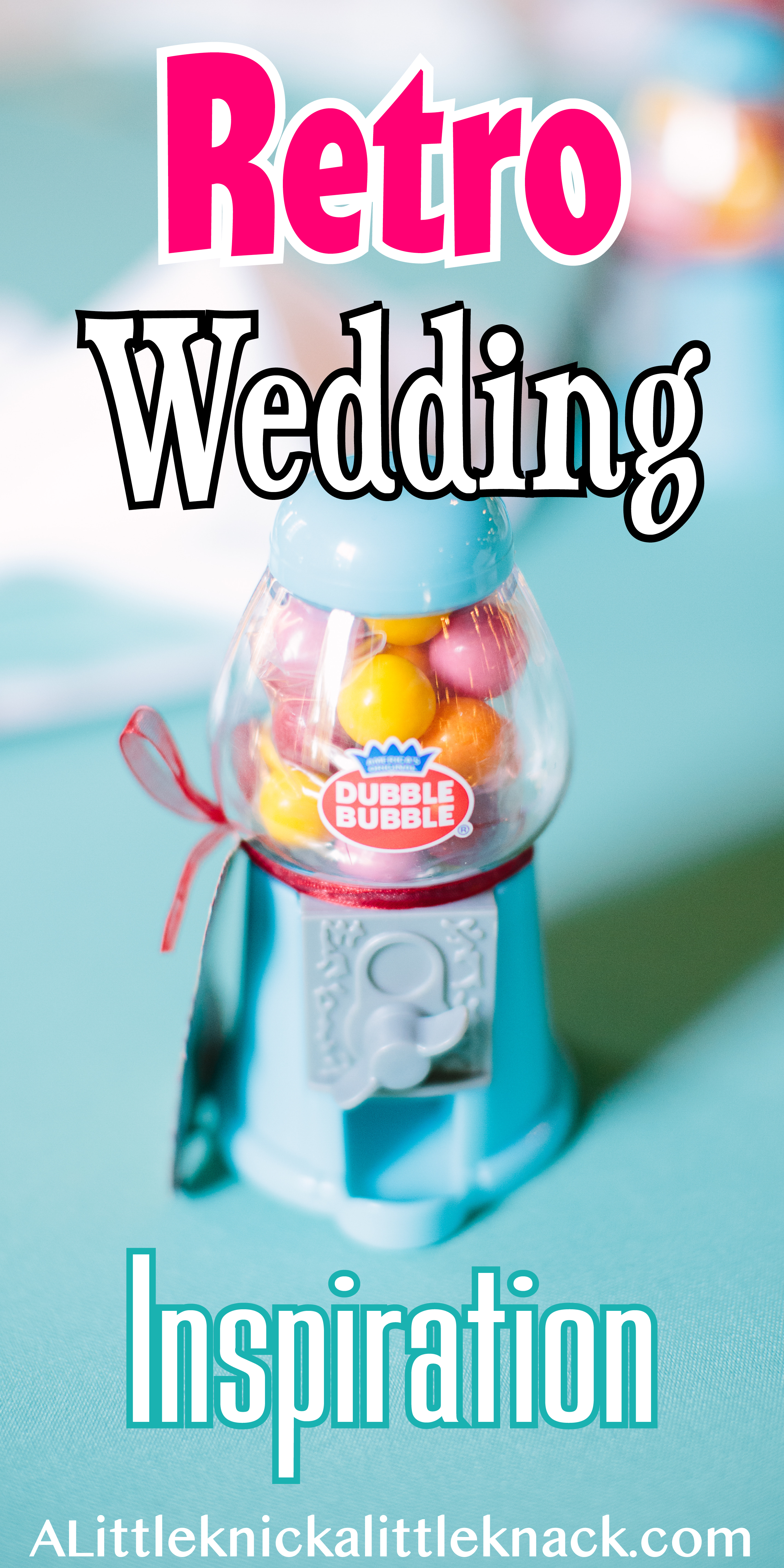 A aqua gumball machine tied with red ribbon and a text overlay