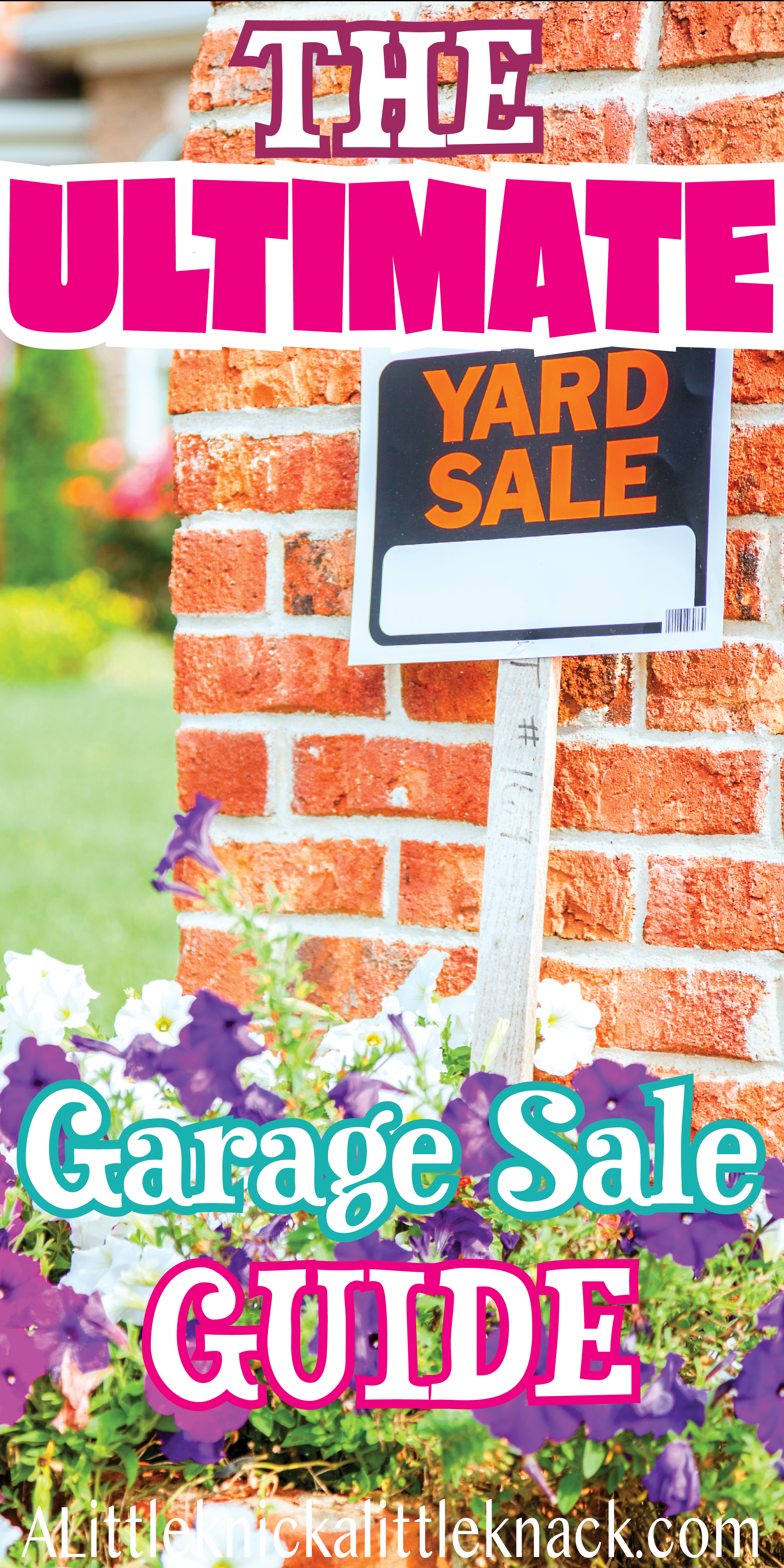 Yard sale sign in a colorful garden with a text overlay.