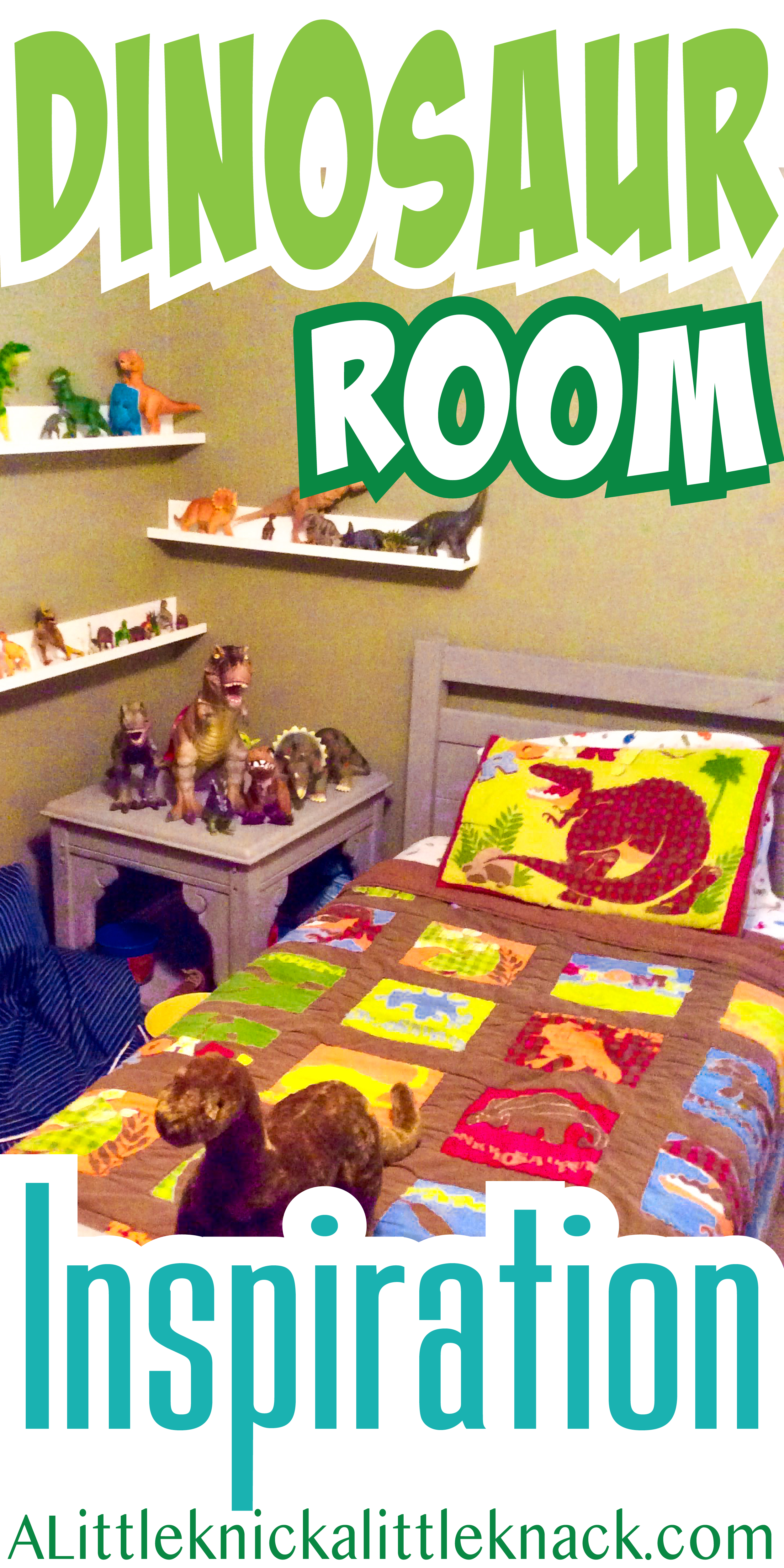 A colorful dinosaur quilt and a collection of dinosaur figurines with a text overlay
