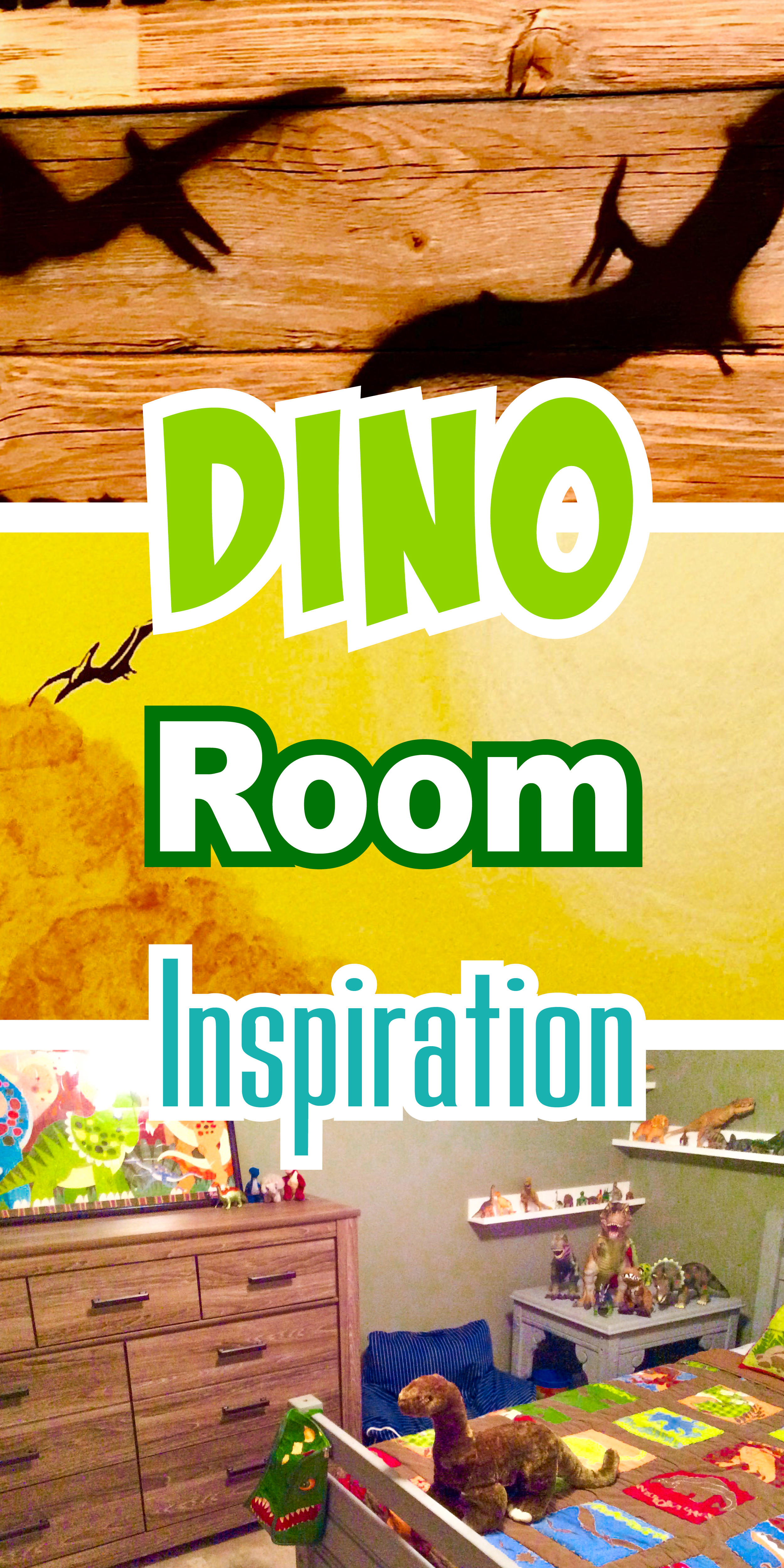A collage of dinosaur decor with a text overlay