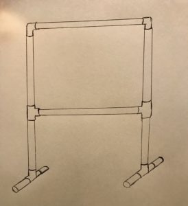 A drawing of a stand-alone backdrop stand made of PVC pipe.