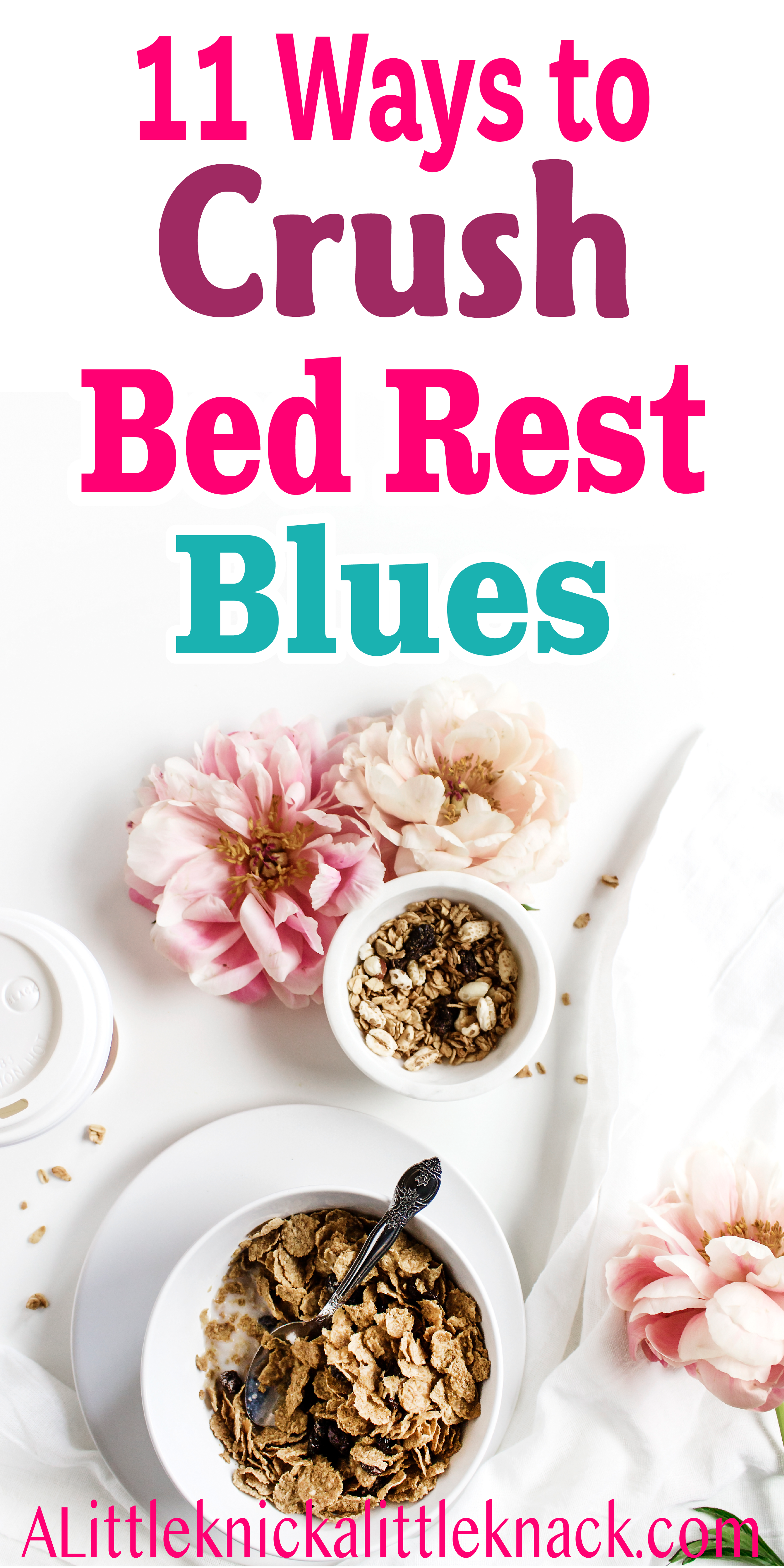 Bowls of cereal and beautiful flowers next to a white bedsheet with a text overlay