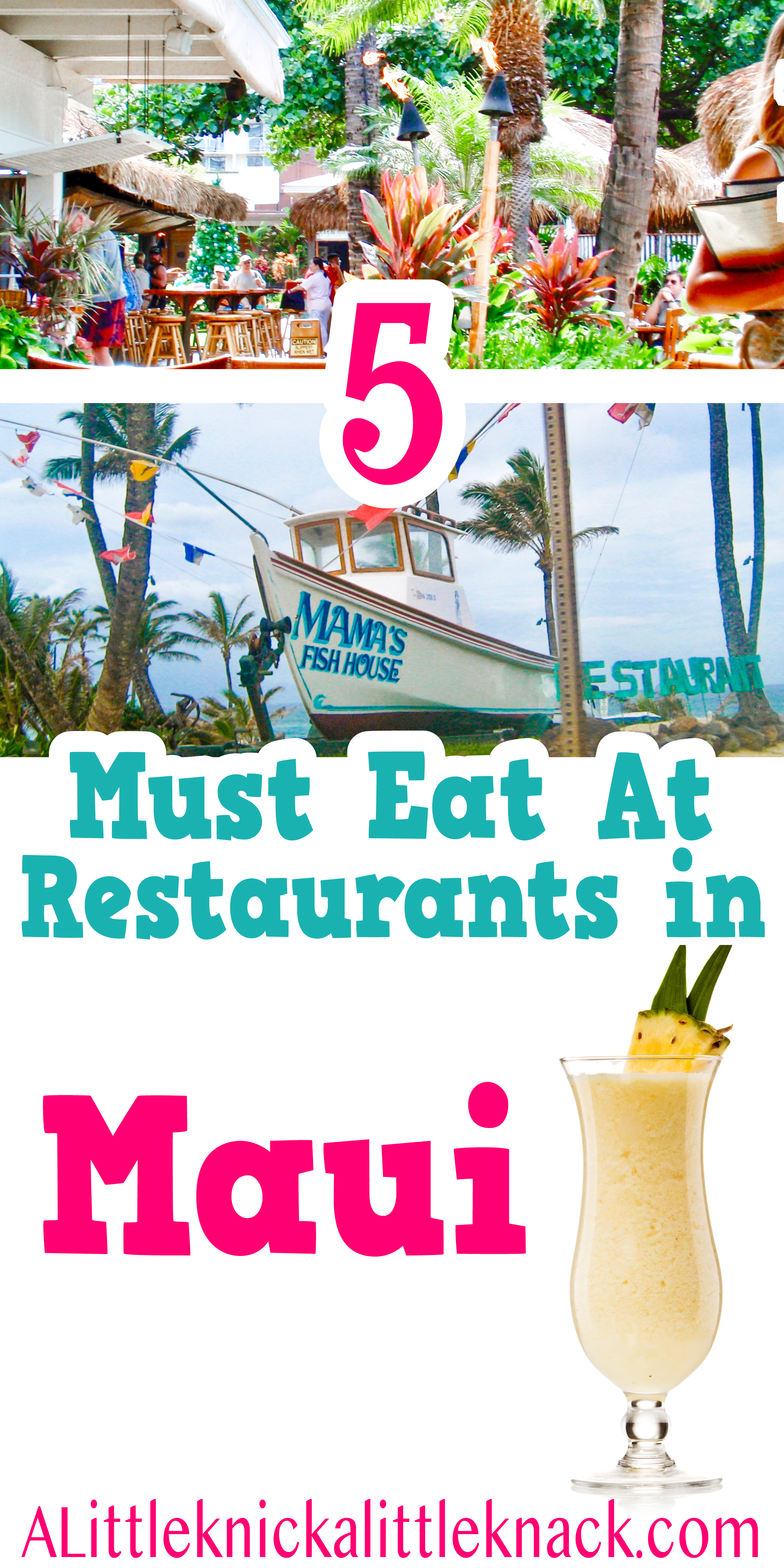 Collage of pictures from restaurants in maui and a text overlay. 