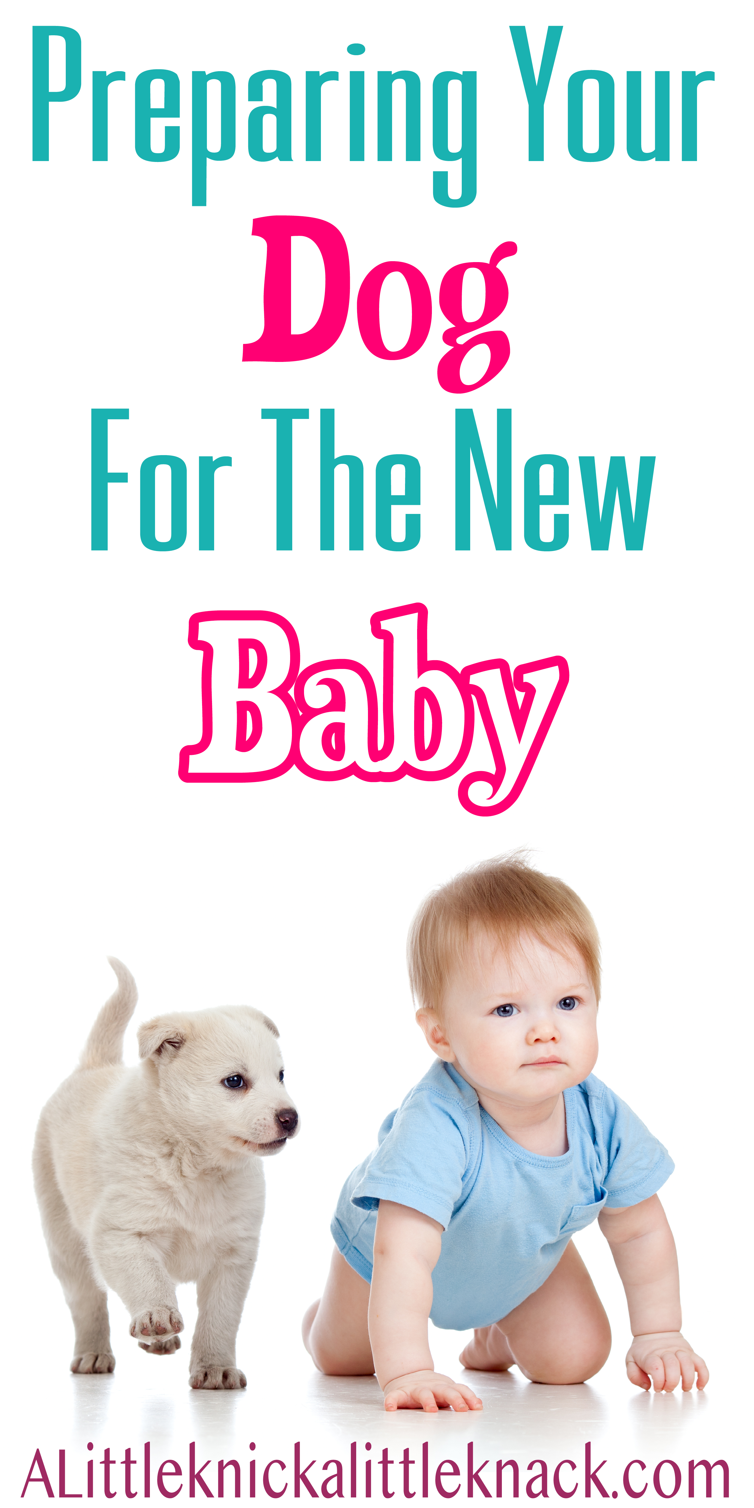 Baby in blue onesie crawling next to a puppy with a text overlay.