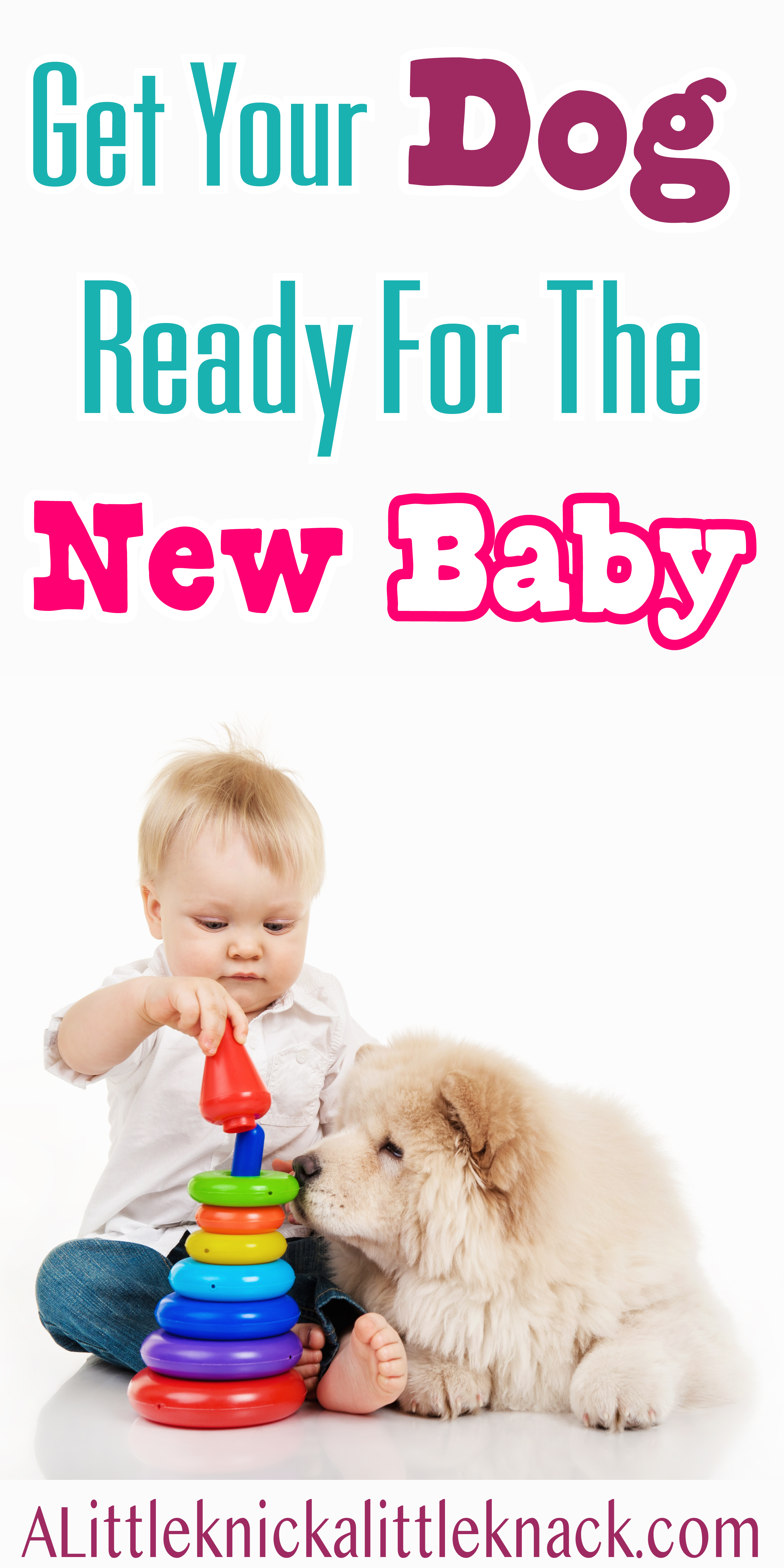 A baby playing with a toy next to a furry dog with a text overlay.