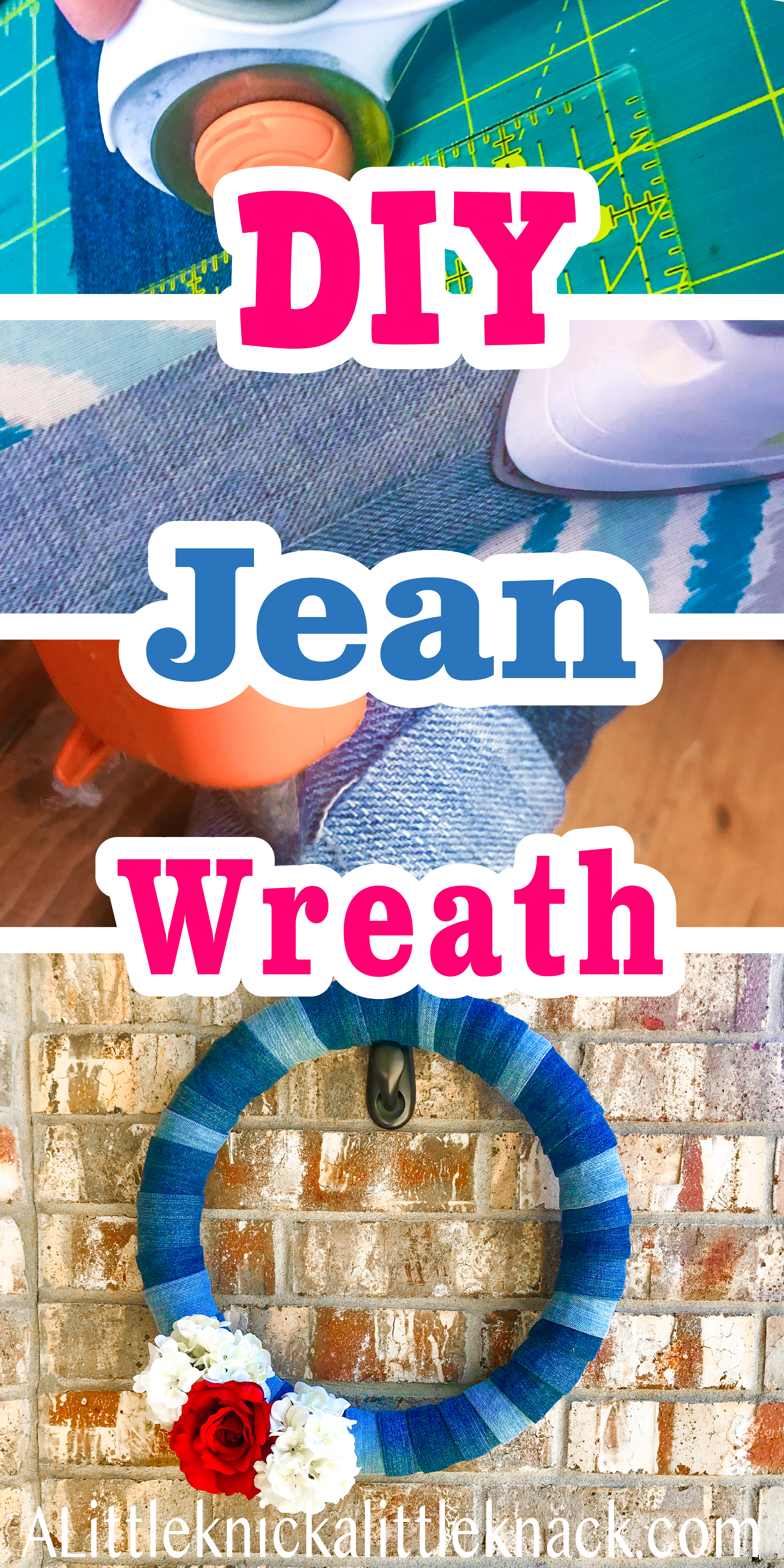 A collage of making a jean wreath with a text overlay.