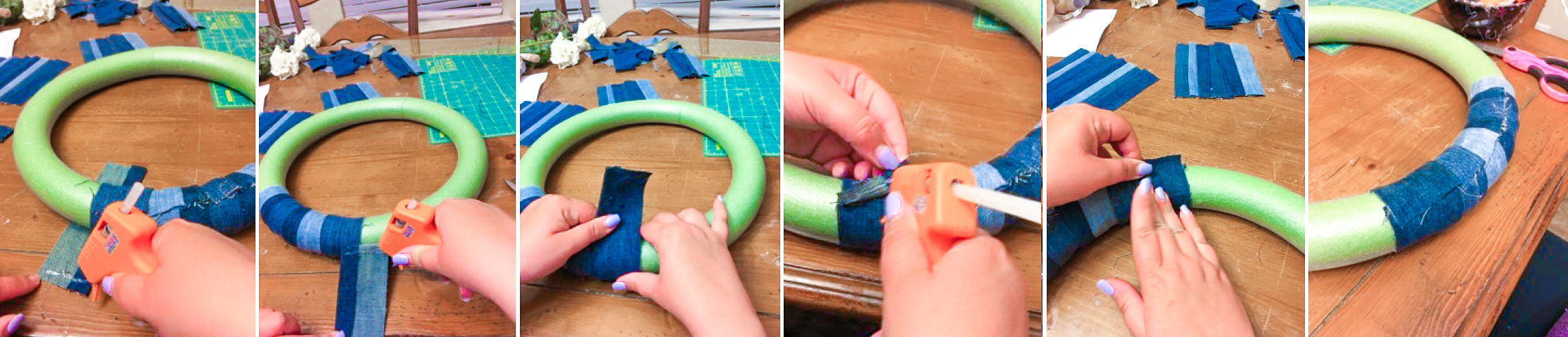 The steps of making a jean wreath.