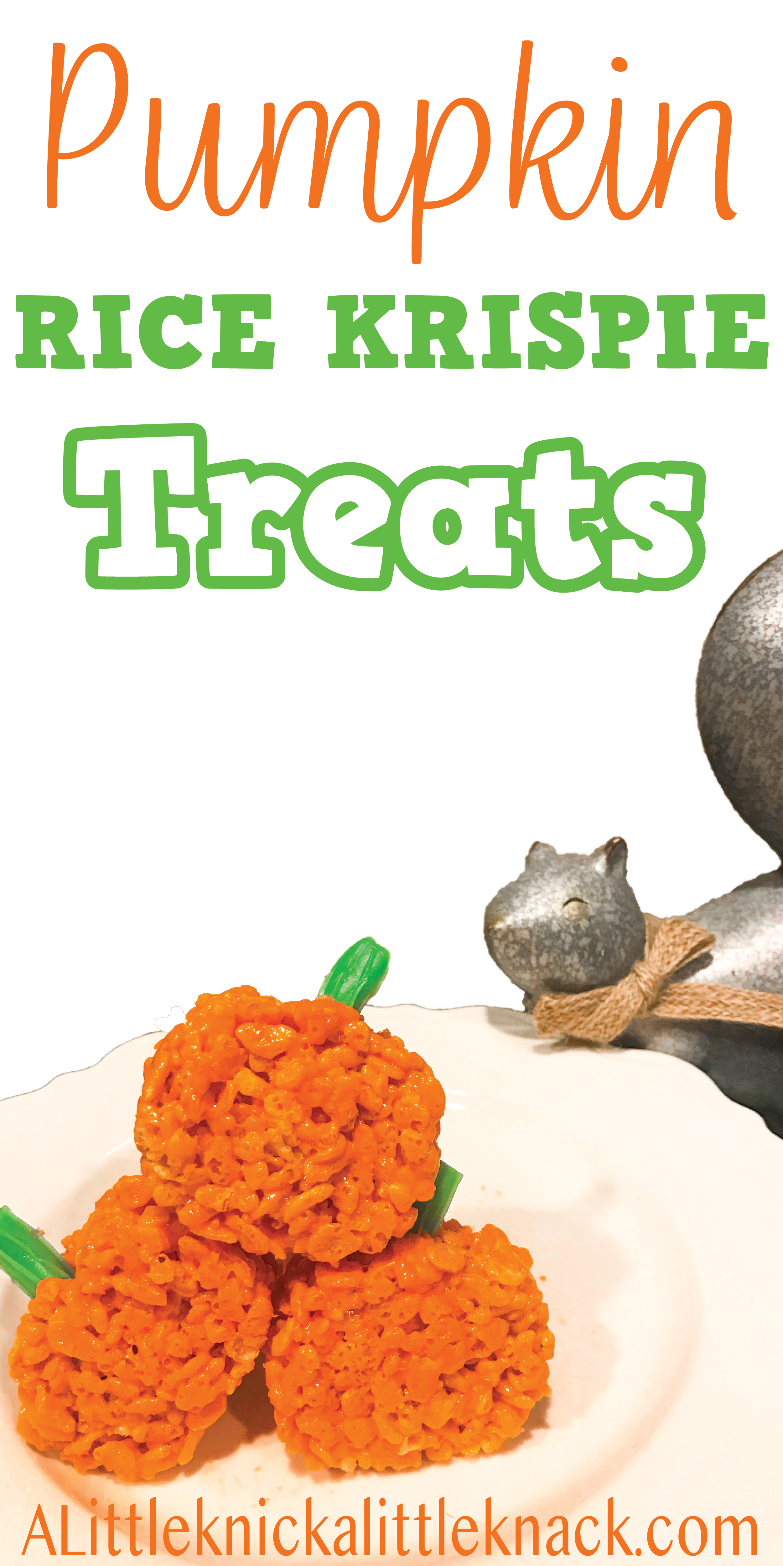 Pumpkin rice krispie treats next to a metal squirrel with a text overlay. 