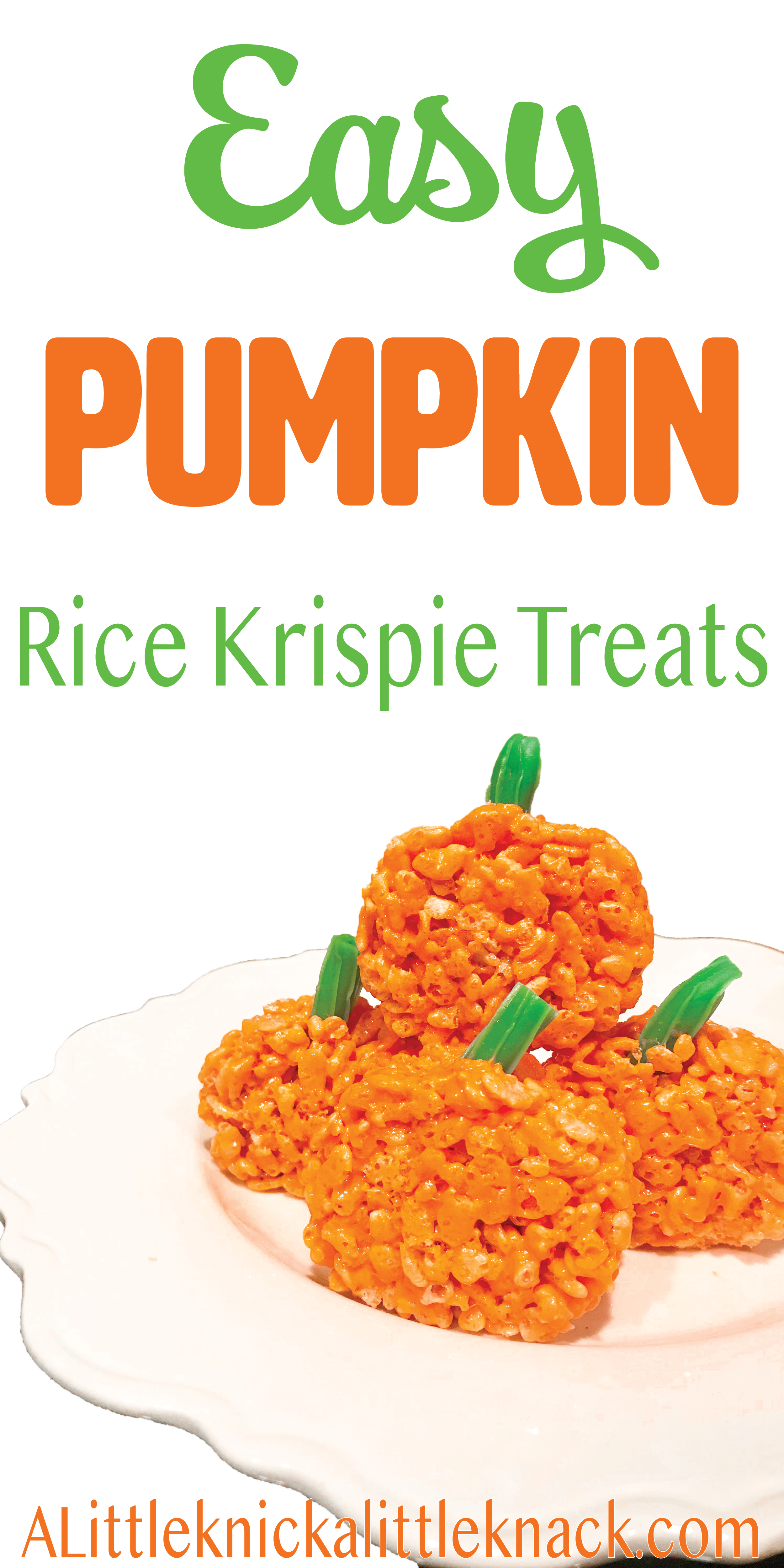 Pumpkin rice krispie treats on a white plate with a text overlay.
