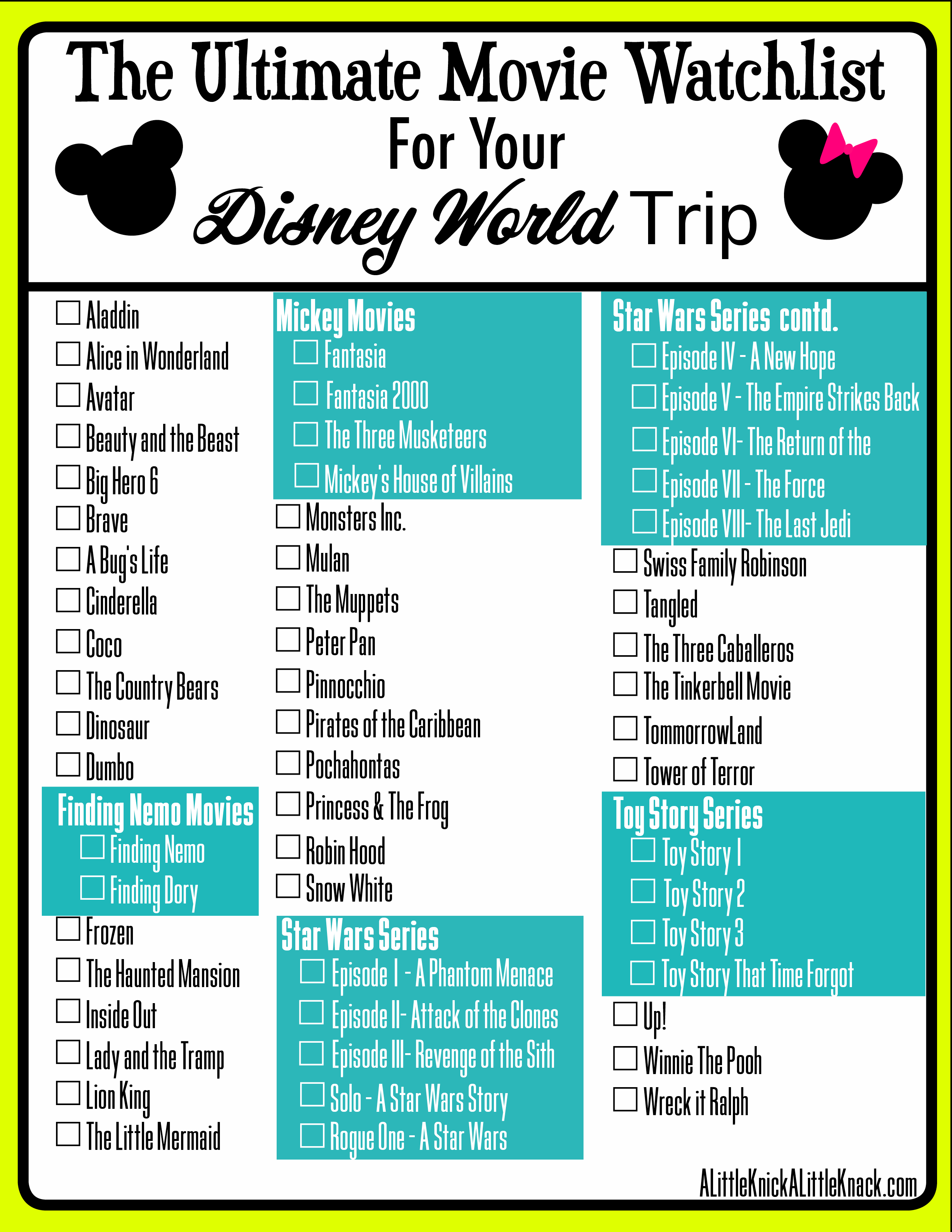 Movies to watch before a trip to Disney world checklist infographic