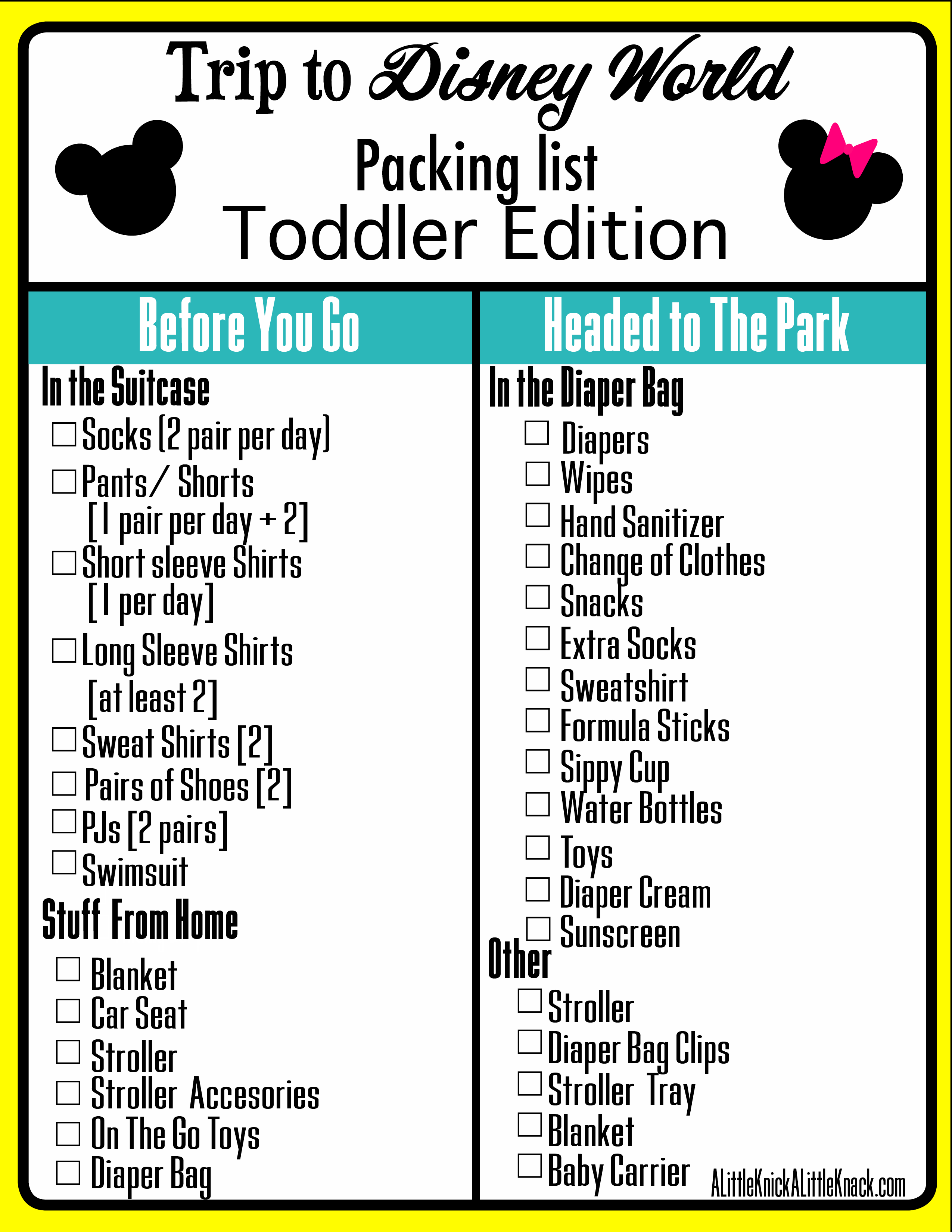 Disney World toddler packing check list infographic
