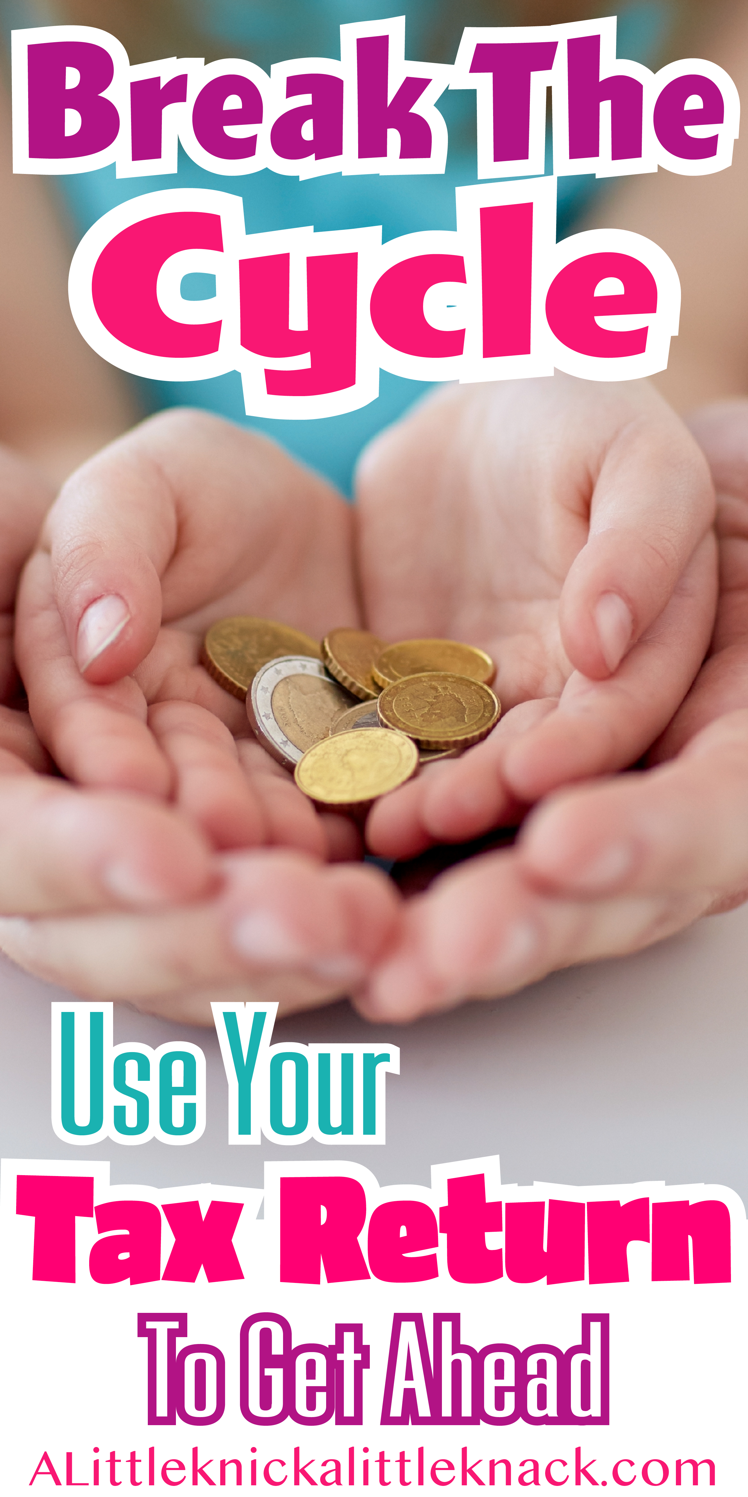 A parent's hands cradling a child's hands holding coins with text overlay. 