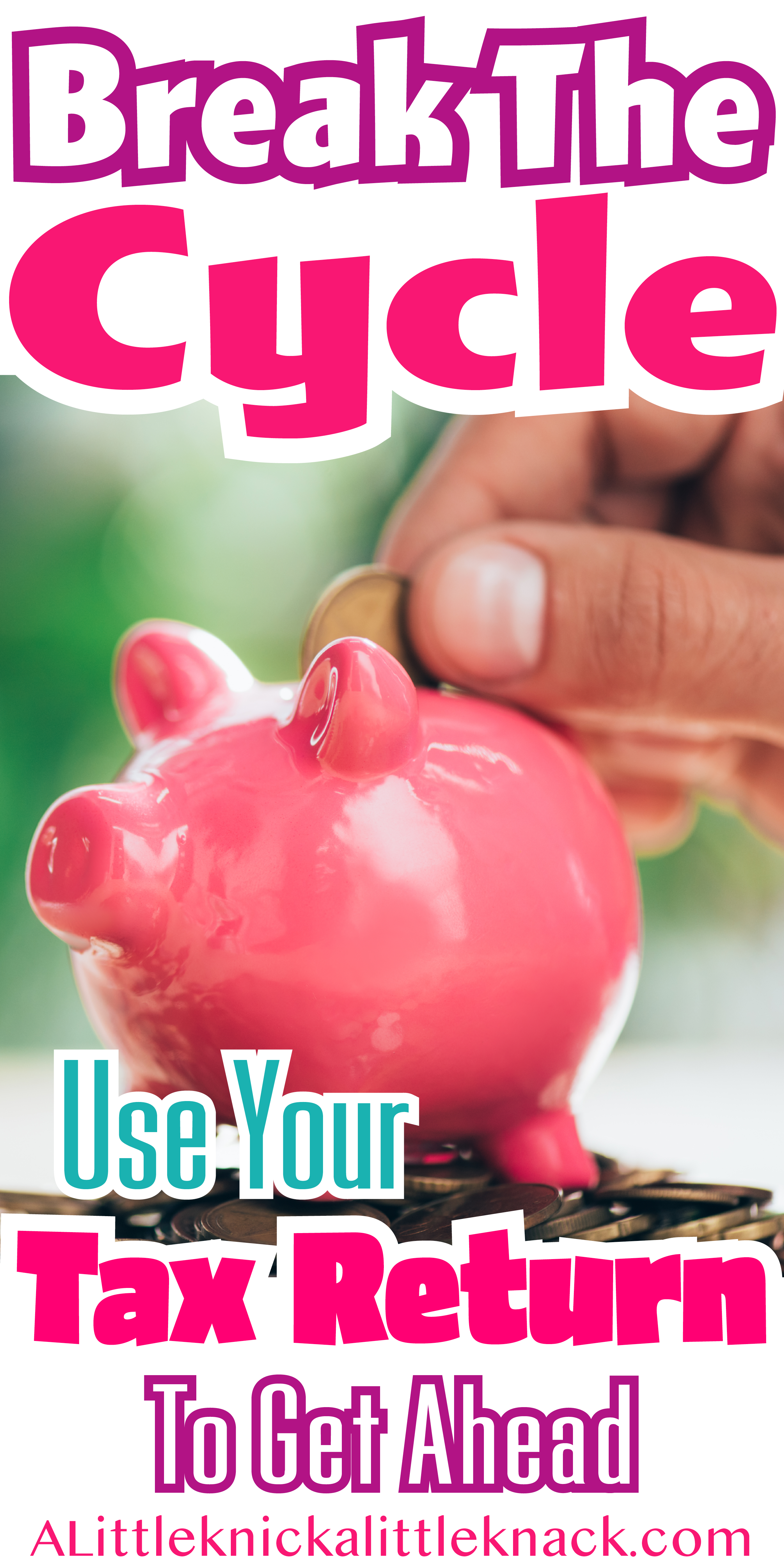 A coin being inserted into a pink piggy bank with text overlay