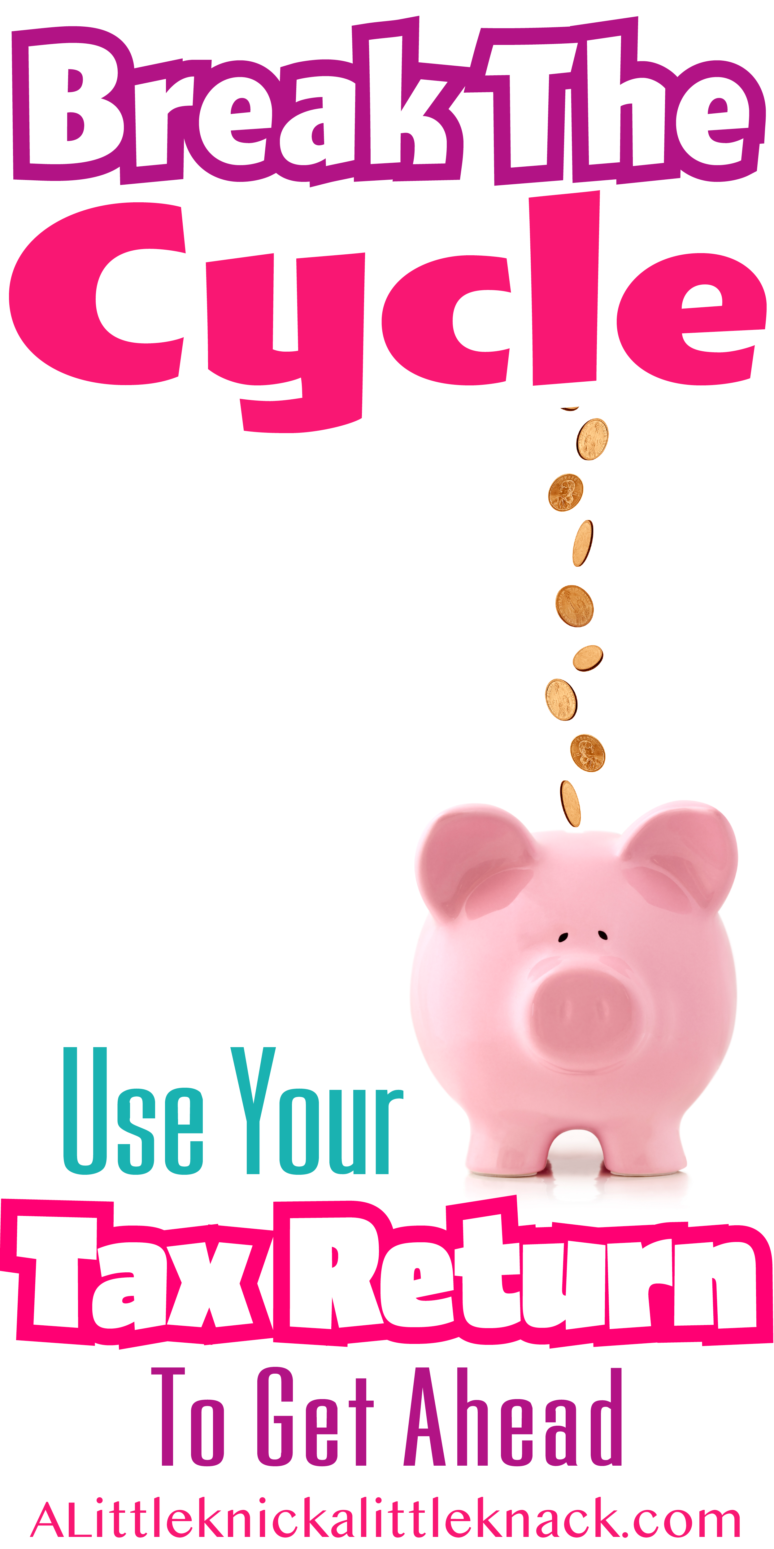 A pink piggy bank and cascading pennies with a text overlay