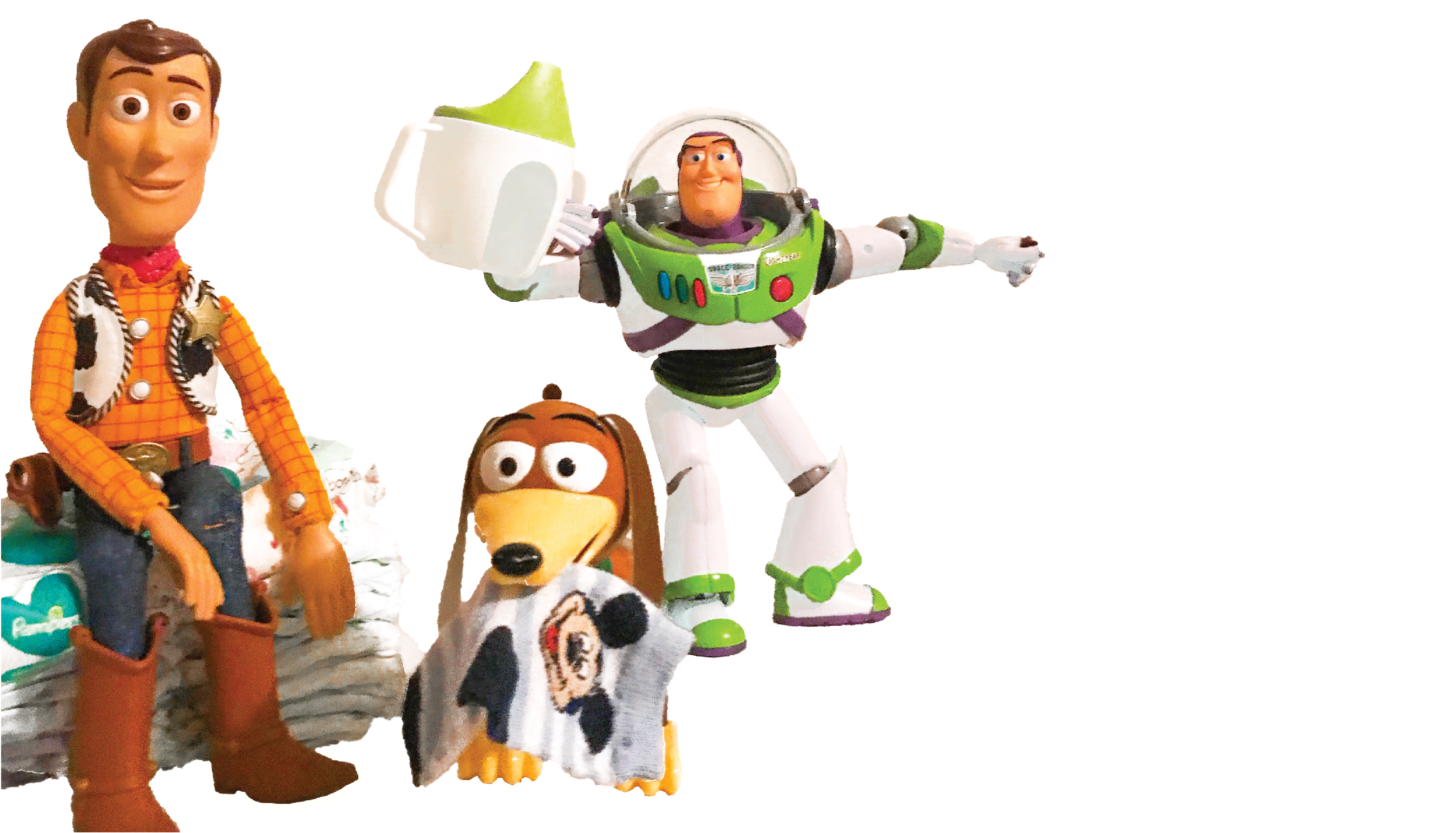 Buzz sitting on diapers, Slinky dog holding a mickey sock, and Buzz Lightyear holding a sippy cup