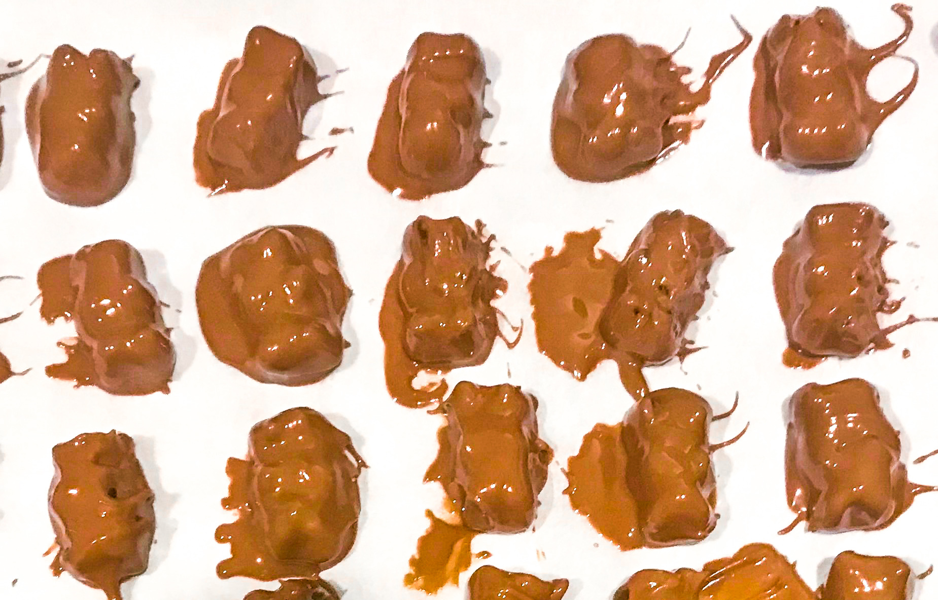 Chocolate covered gummy bears on parchment paper. 