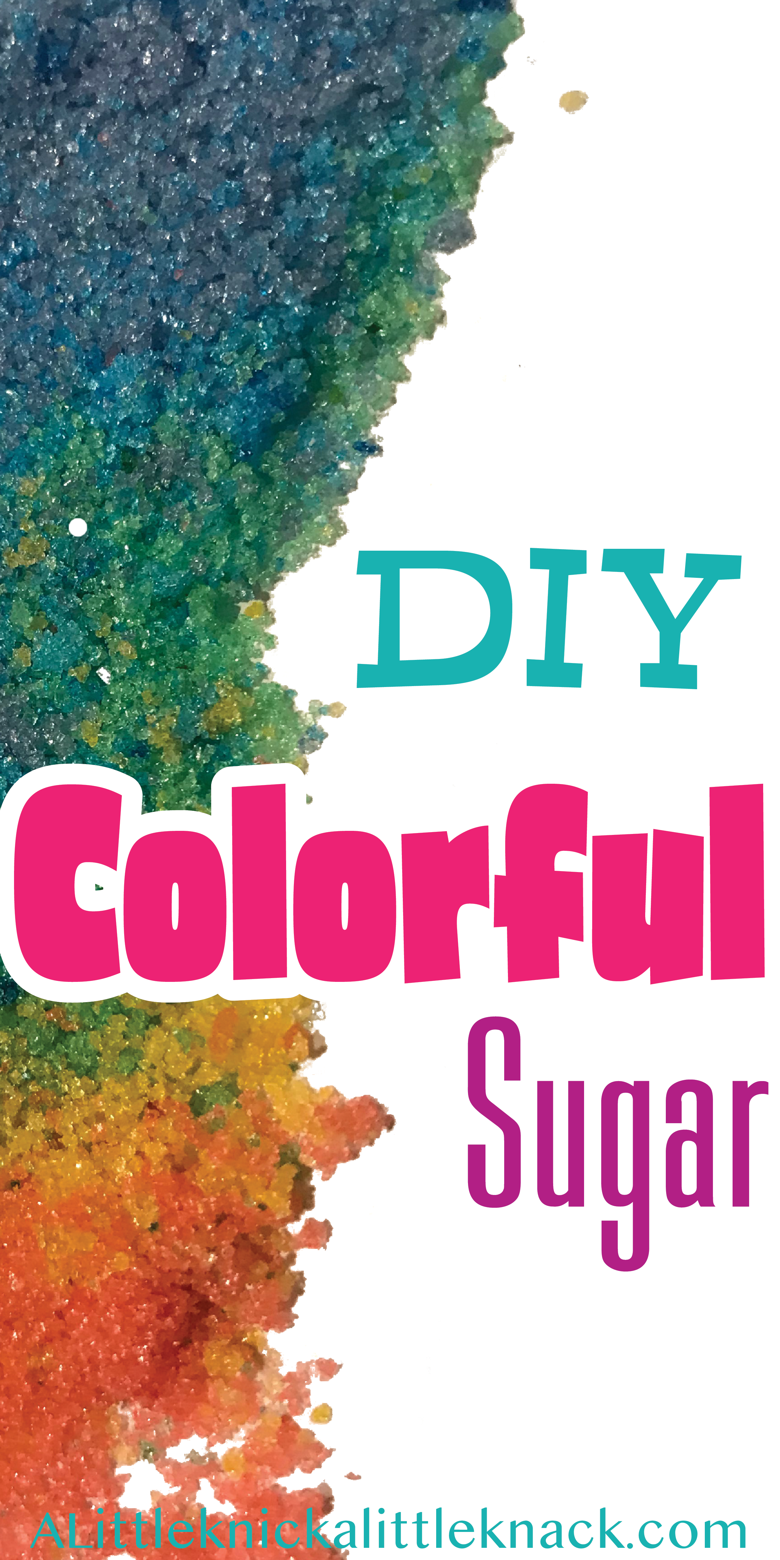 Vibrant red, yellow, green, blue, and purple sugar with a text overlay.