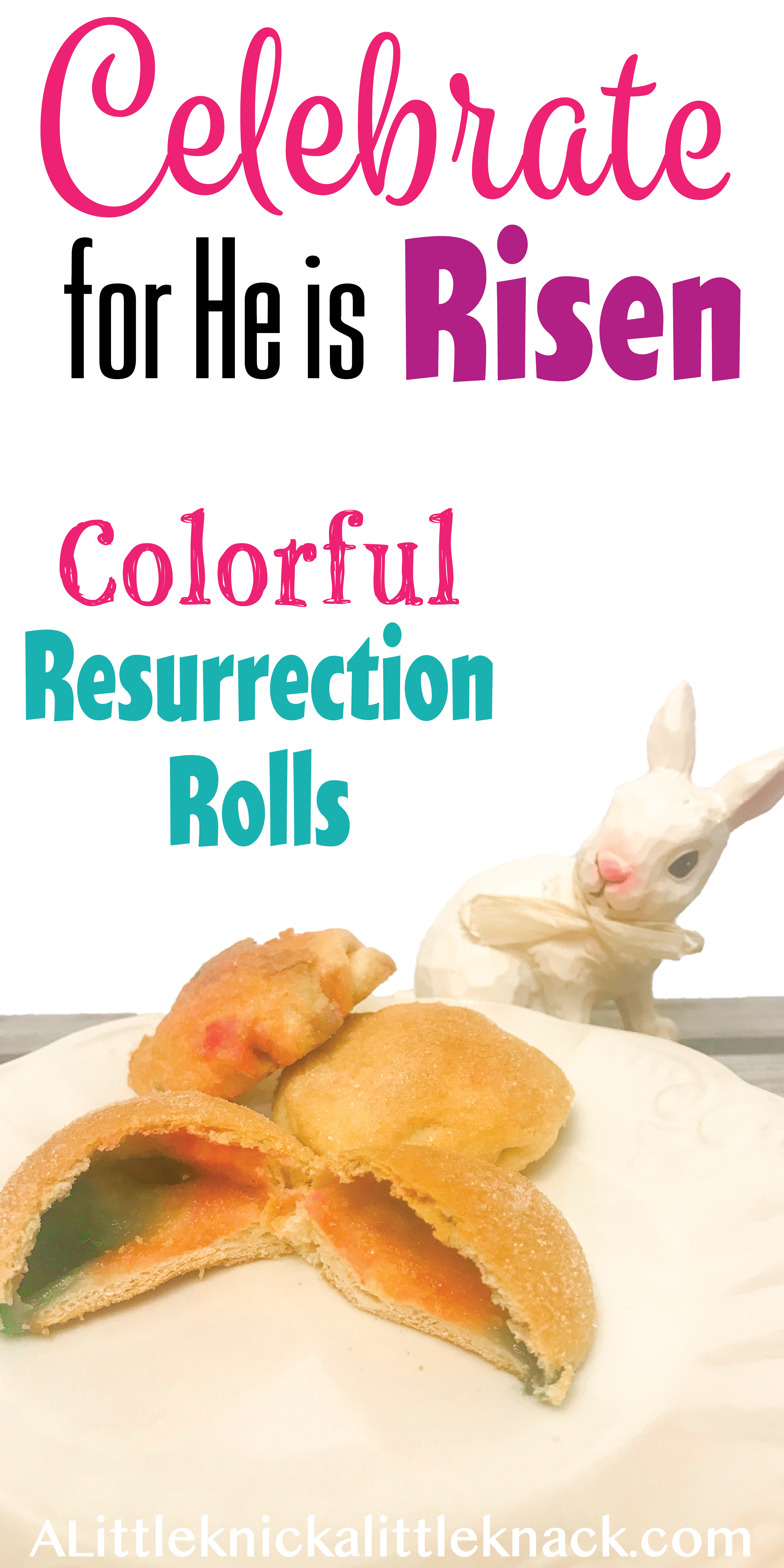Hollow resurrection rolls with colorful interior on a white platter with a ceramic bunny and text overlay 