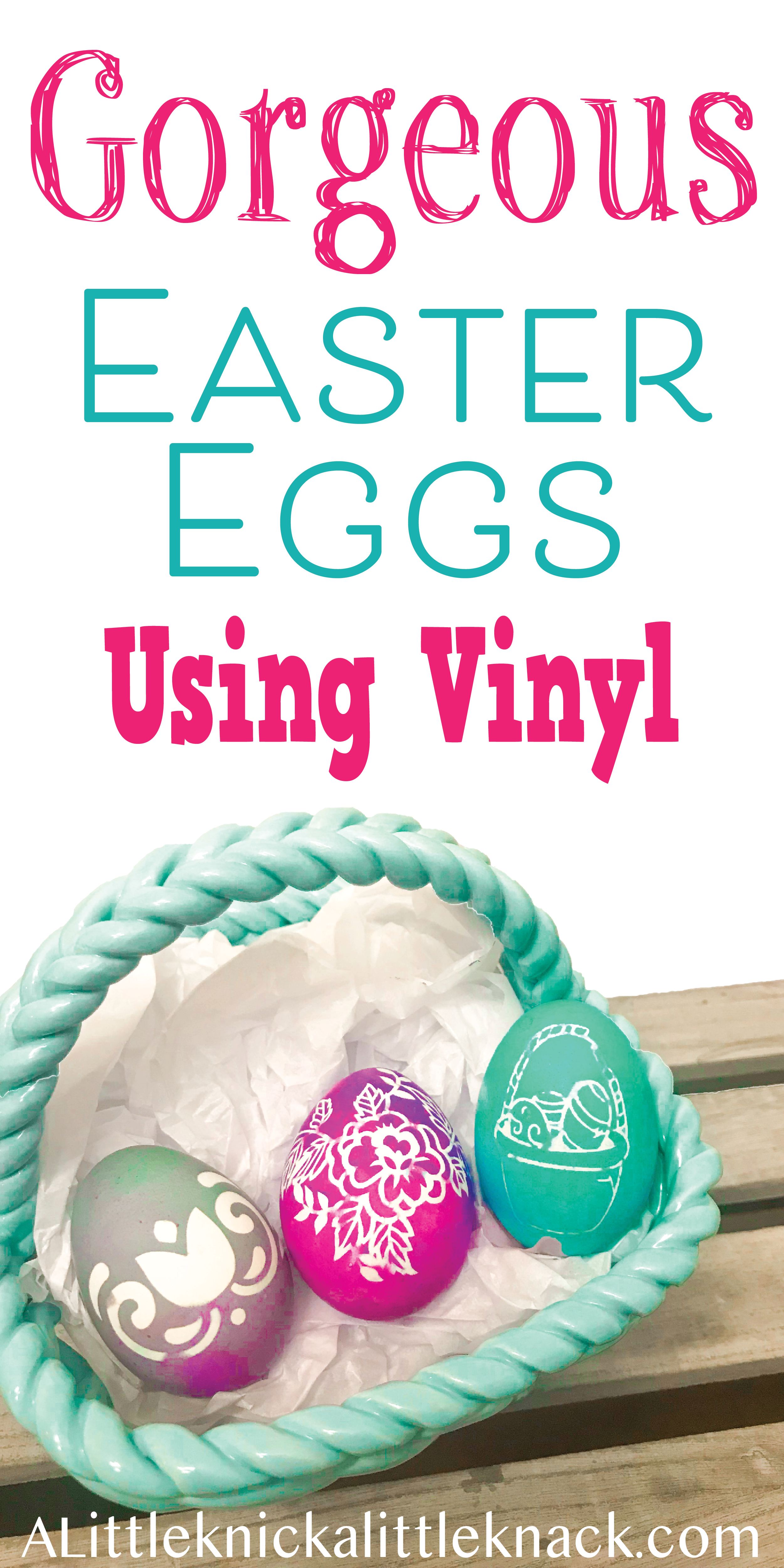 Vibrantly colored Easter eggs with white patterns in a teal basket, with a text overlay.