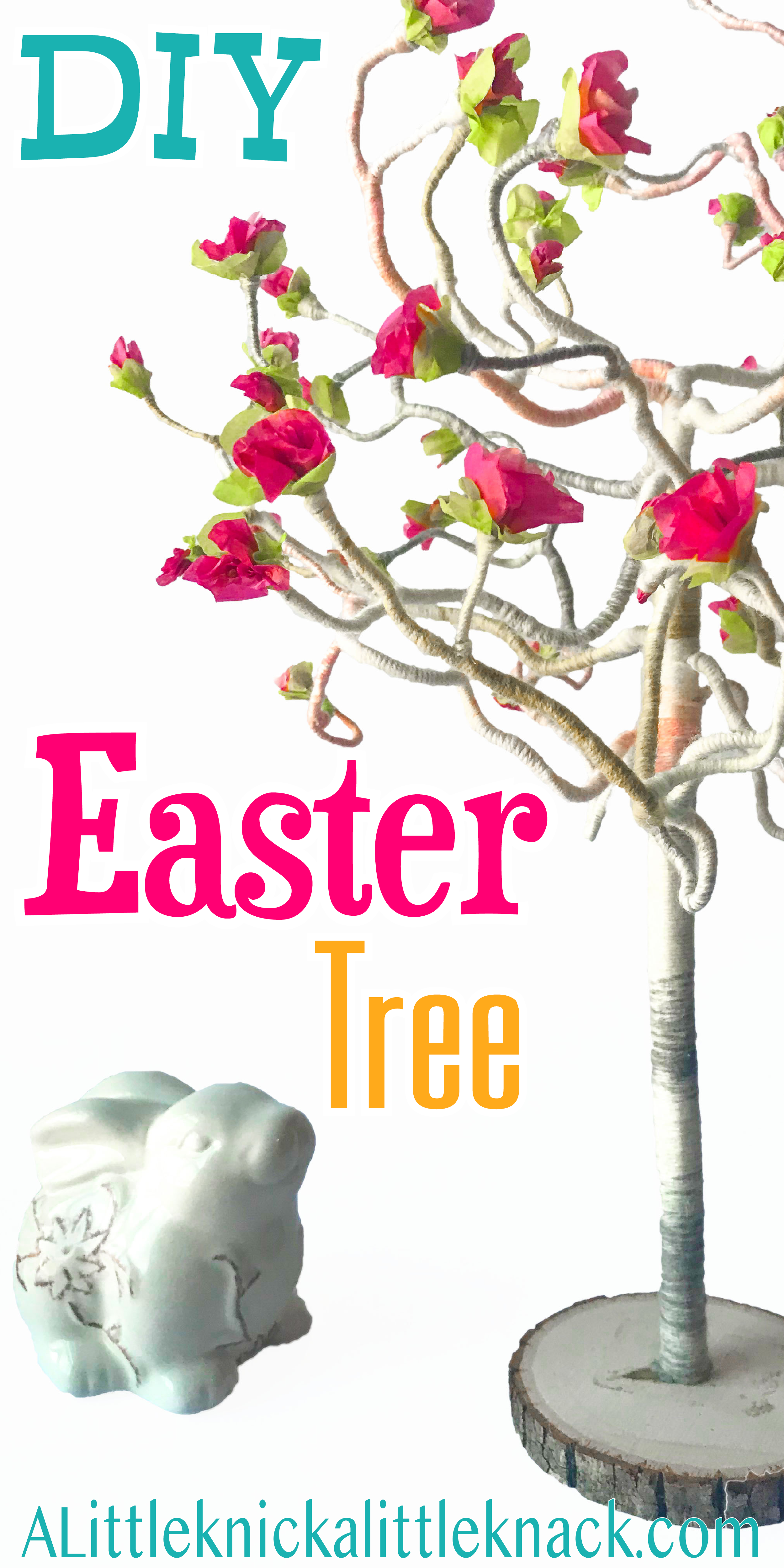 String wrapped Easter Tree with pink flowers next to a ceramic floral bunny with text overlay 