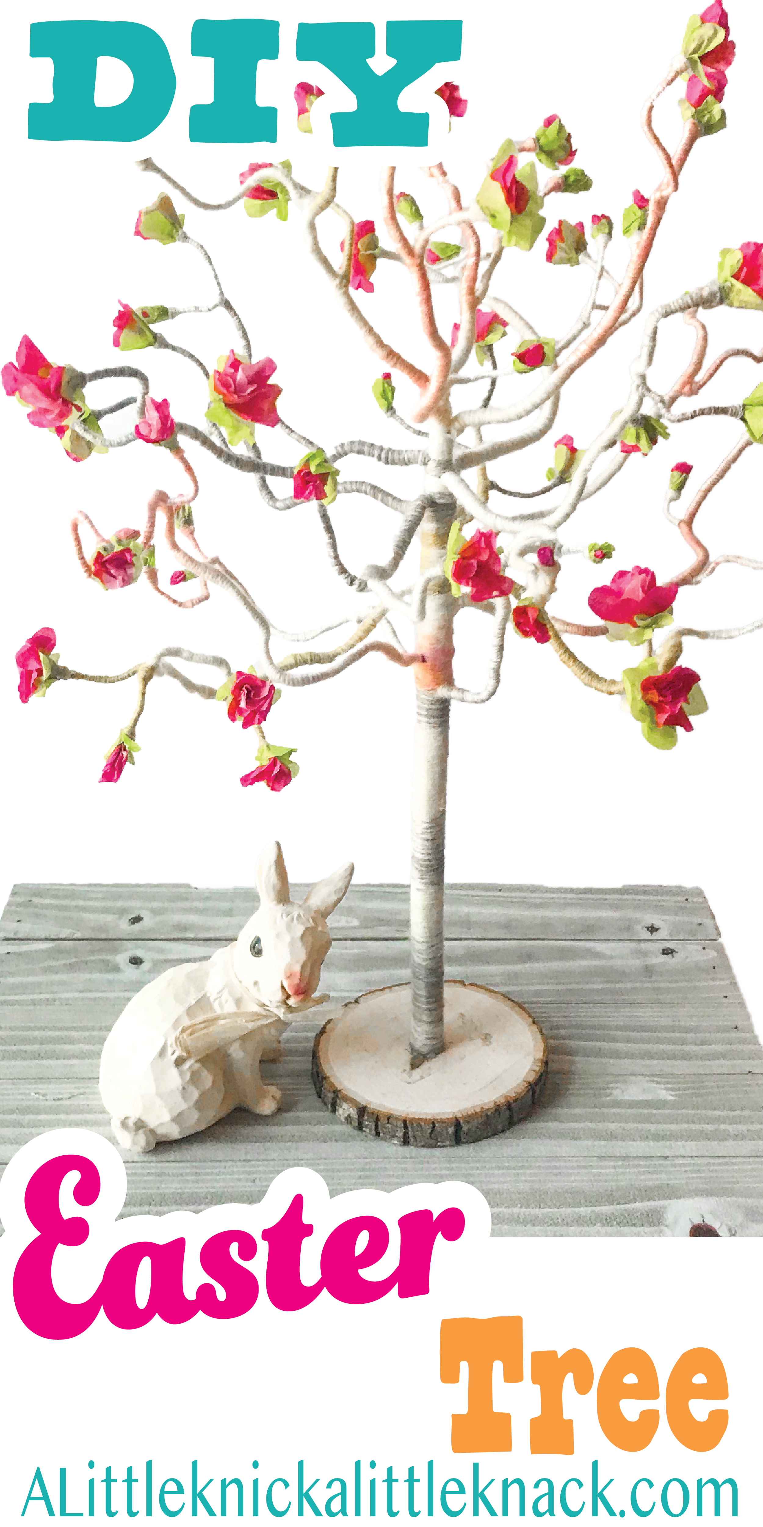 String wrapped Easter Tree with pink flowers next to a ceramic bunny with text overlay.