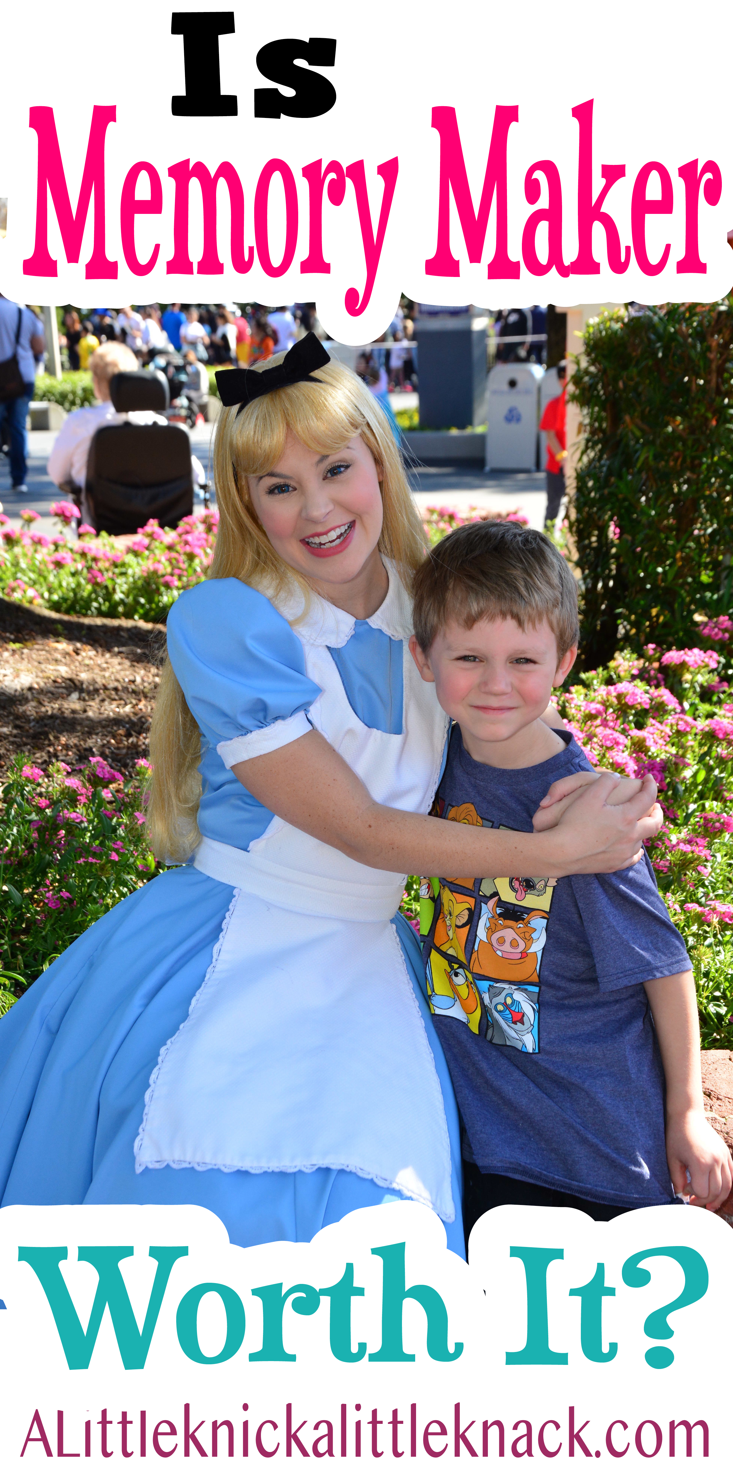 A smiling Alice character and a boy at Disney World. 