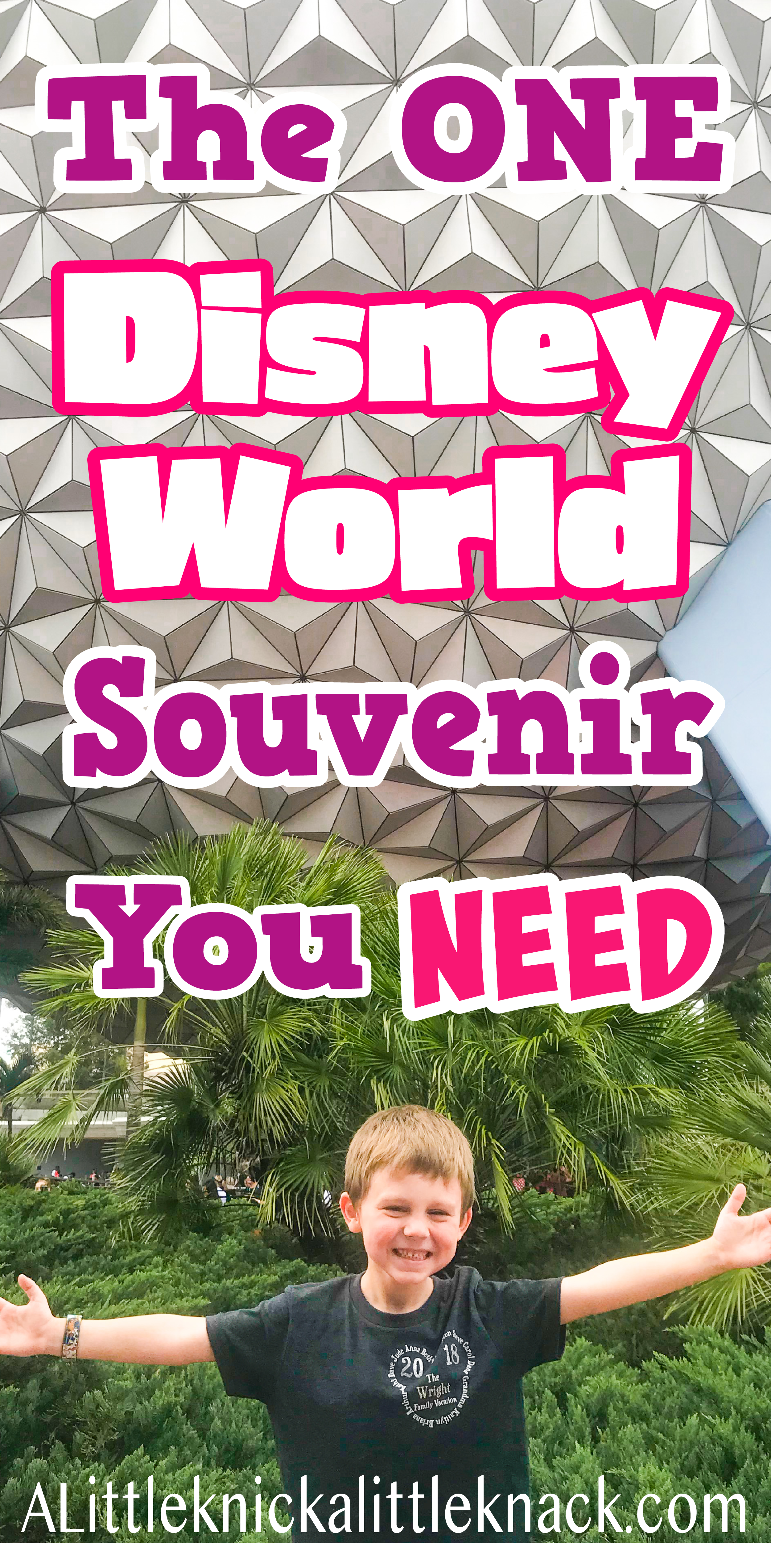 A boy in front of spaceship Earth with a text overlay