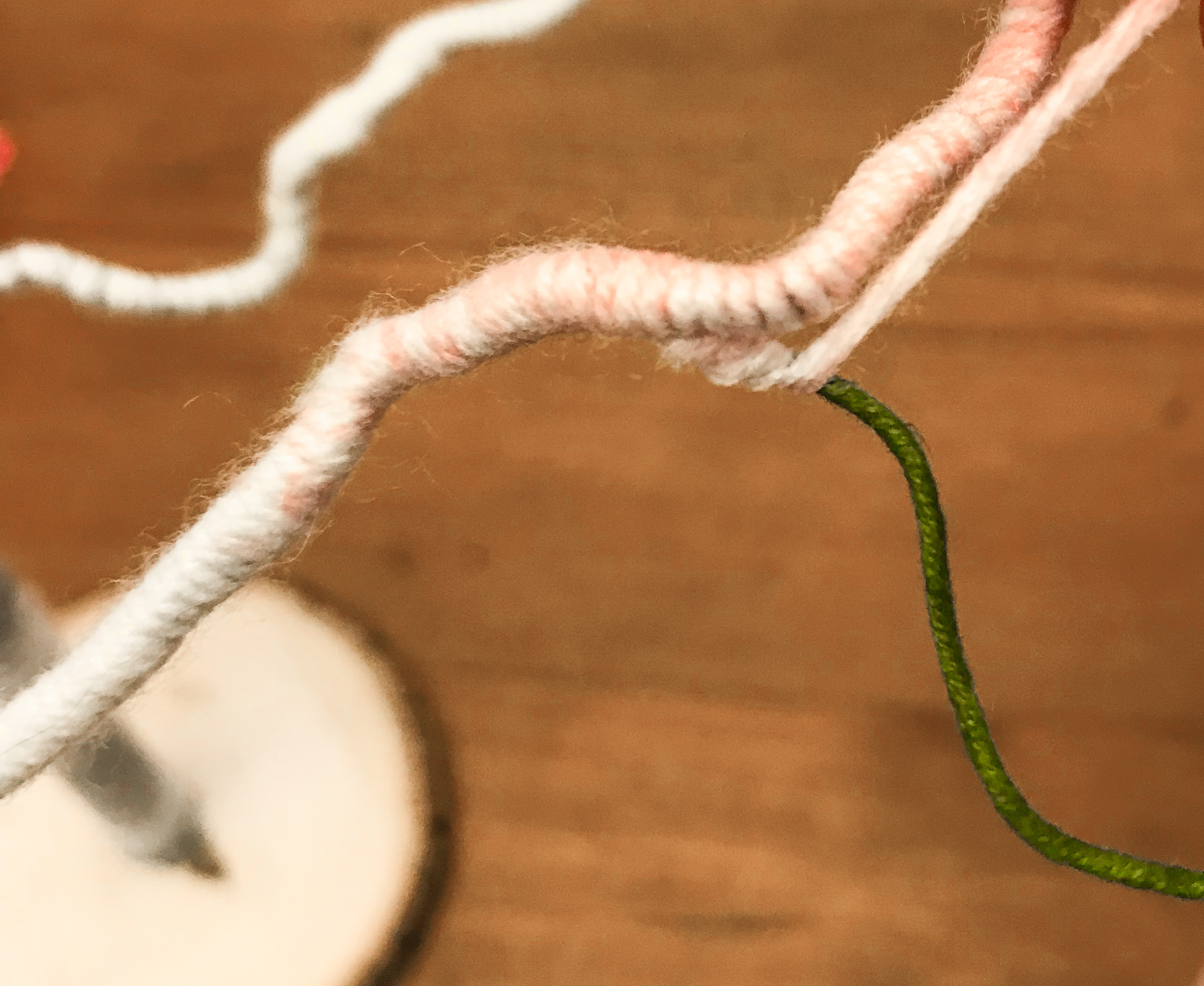 Yarn being tightly wrapped along green floral stem branch. 